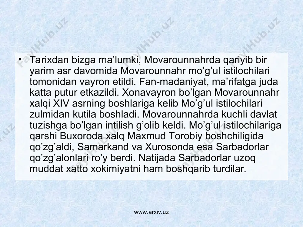 еgim www.arxiv.uz amir temur o’gitlari va ularning tarbiyaviy ahamiyati tadqiqotchilarning fikriga ko’ra, amir temur o’gitlarini uning mohiyati va vazifasiga qarab quyidagi guruhlarga ajratib o’rganish maqsadga muvofiqdir: 1. din va shariat. 2. davlat va uni idora etish. 3. kengash o’tkazish. 4. podsho va vazirlar. amir temurning axloq va odob haqidagi fikrlariga quyidagilar kiradi: • adolat va adolatsizlik. • so’z va ilmning birligi. • do’st va dushmanlik. • botirlik va qo’rqoqlik. • so’z va shirinsuhanlik. 4 yoshligida shayx xo’ja zayniddin abu bakrni «avliyo ota» deb bilgan. allohning izni, piri said barakaning duoi fotihalari bilan «movarounnahrning amiri» deb e’lon qilingan. (1369 yil, 8 aprelda) uning buyuk xizmatlari: 1. markazlashgan yirik davlatga asos soldi. 2. qator mamlakatlarni - mustamlakachilikdan ozod qildi (rossiyaning mo’g’ullar soratidan qutilishini 300 yilga tezlashtirdi). 3. turkistonni ilm-fan va madaniyat, hunarmandchilik rivojlangan ilg’or mamlakatga aylantirdi. mirzo ulug’bekning pedagogik g’oyalari va ma’rifatparvarlik xizmatlari movаrounnаhr vа xurosonning boy vа serqirrа mаdаniyati vа islom …
