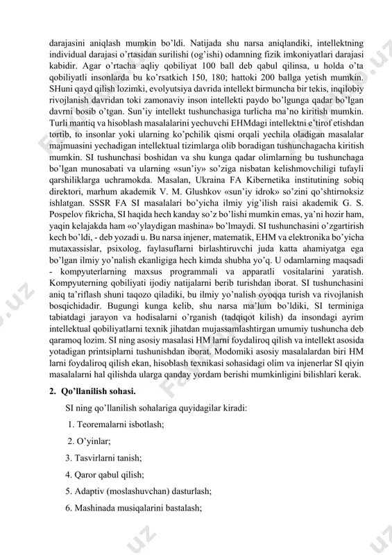 ti. intellekt- turmushdagi dalillar o’rtasidagi o’zaro bog’liqlikni tushunish qobiliyati. bu qobiliyat belgilangan maqsadga erishishga olib boruvchi harakatlarni ishlab chiqish uchun kerak bo’ladi. yuqorida aniqlangan «intellekt» tushunchasidan shunday xulosa chiqarish mumkinki, ya’ni intellekt faqat insonlarga tegishli va odam aqliy qobiliyatining o’ziga xos o’lchovidir. psixologlar shunday maxsus usullar yaratdilarki, bu usullar yordamida tajriba orqali odamning intellektual (aqliy) darajasini aniqlash mumkin bo’ldi. natijada shu narsa aniqlandiki, intellektning individual darajasi o’rtasidan surilishi (og’ishi) odamning fizik imkoniyatlari darajasi kabidir. agar o’rtacha aqliy qobiliyat 100 ball deb qabul qilinsa, u holda o’ta qobiliyatli insonlarda bu ko’rsatkich 150, 180; hattoki 200 ballga yetish mumkin. shuni qayd qilish lozimki, evolyutsiya davrida intellekt birmuncha bir tekis, inqilobiy rivojlanish davridan toki zamonaviy inson intellekti paydo bo’lgunga qadar bo’lgan davrni bosib o’tgan. sun’iy intellekt tushunchasiga turlicha ma’no kiritish mumkin. turli mantiq va hisoblash masalalarini yechuvchi ehmdagi intellektni e’tirof etishdan tortib, to insonlar yoki ularning ko’pchilik qismi orqali yechila oladigan masalalar majmuasini …
