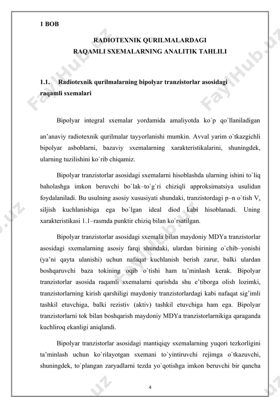 p–n tranzistorning baza sohalari bir–biriga qo`shilib ketgan. shu sababli transistor joylashishining bunday strukturasi sohalari o`zaro qo`shilgan integral strukturalar sinfiga mansubdir. yuqorida qayd etilganlarga ko`ra u bis texnologiyasi ichiga kiradi. ko`p kollektorli n–p–n tranzistorlar texnologiyasining rivojlanganligi sababli ular integratsiya darajasining o`sganlik tendensiyasiga javob beradi. 1.5– rasmda yarim o`tkazgichli i2m sxemalarning ishchi xarakteristikalari keltirilgan. 1.5–rasm. i2m sxemaning xarakteristikalari. 1.2. radiotexnik qurilmalarning mdya tranzistorlar asosidagi raqamli sxemalari agar n–p–n strukturali bipolyar tranzistorlarning ishlash jarayoni ikki turdagi elektr tashuvchilar (elektronlar–asosiy tashuvchilar, kavaklar–asosiy bo`lmagan tashuvchilar) hisobiga bo`lsa, maydonish tranzistorlarning ishlashi faqat bir turdagi elektr tashuvchilar hisobiga bo`ladi (asosiy tashuvchilar). bipolyar integral sxemalarda asosan zatvori izolyatsiyalangan maydoniy tranzistorlar keng qo`llaniladi. invertor – bu elektron sxema bo`lib, mantiqiy inkor amalini bajarishda ishlatiladi. invertor faqatgina mantiqiy inkor funksiyasini bajaribgina qolmay, balki u kuchaytirgich vazifasini ham bajaradi. xususan, zaif elektr signallarini kuchaytirishda ishlatiladi. mdya – invertorning bazaviy sxemasi 1.7–rasmda ko`rsatilgan. invertorni ishga tushuruvchi (uyg`otuvchi) element sifatida n–kanalli mdya tranzistor …