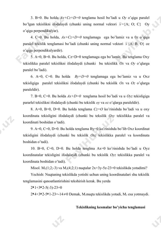 o’qini m2 (o, b, 0) nuqtada z o’qini esa m3 (o, 0, c) nuqtada kesadi ( 2-chizma). misol. 2x+5y-10=0 tekislikni yasang. yechish: berilgan tenglamani ko’rinishda yozib olamiz. demak, tekislik x o’qidan 5 birlik y o’qidan 2 birlik kesib o’tadi va 0z o’qiga parallel bo’ladi (3-chizma). ikki tekislik orasidagi burchak faraz qilaylik p1, va p2 tekisliklar a1x+b1y+c1z+d1=0 a2x+b2y+c2z+d2=0 umumiy tenlamalar orqali berilgan bo’lsin. bu tekisliklar orasidagi burchak ravshanki ularning normal vektorlari 1={a1, b1, c1} va 2={a2, b2, c2} orasidagi ( burchakka teng bo’ladi. ( burchakni topish uchun formuladan foydalanish mumkin. demak, ikki p1 va p2 tekisliklar orasidagi burchak ushbu formula yordamida topiladi. 5. tekisliklarning paralellik va perpendikulyarlik sharti ushbu p1: a1x+b1x+с1z+d1=0, p2: a2x+b2x+c2z+d2=0 tekisliklar berilgan bo’lsin. p1 va p2 tekisliklarining paralellik sharti ularning 1 va 2normal vektorlarining kollinearlik shartidan kelib chiqadi. demak, bu shart ko’rinishda bo’ladi. xuddi shuningdek, p1, va p2 tekisliklarining perpendikulyarlik sharti ularning 1 va 2 normal vektorrlarning perpendikulyarlik …