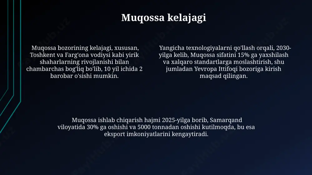 zilgan sinovlar shuni ko'rsatdiki, 1 gektar yerda o'rtacha 300 kg qo'shimcha hosil olinishi mumkin. muqossaning 100 grammida 20 dan ortiq foydali mikroelementlar mavjud bo'lib, navoiy viloyatining cho'l sharoitida ekilgan ekinlarda suv iste'molini 10-15% kamaytirishga yordam beradi. muqossa, 2023-yil ma'lumotlariga ko'ra, o'zbekistonning andijon viloyatidagi 5 ta tumanida 1500 gektardan ortiq maydonda qo'llanilgan, bu hosildorlikni 15-20% ga oshirishga yordam bergan. muqossa bozorida mavjudligi muqossa bozorida 2023 yil holatiga ko'ra, taxminan 500 dan ortiq turli xil mahsulotlar, shu jumladan toshkent va samarqand viloyatlarida yetishtirilganlar mavjud. o'zbekistonning muqossa eksport hajmi 2022 yilda 10 million aqsh dollarini tashkil etgan bo'lib, asosiy eksport bozorlari rossiya va qozog'iston hisoblanadi. muqossa narxlari mintaqaga va mahsulot sifatiga qarab 1 kg uchun 5000 so'mdan 20000 so'mgacha o'zgarib turadi, ayniqsa farg'ona vodiysida yuqori narxlar kuzatiladi. muqossa kamchiliklari muqossa texnologiyalari toshkent viloyatida 2021-yildan beri qo'llanilmoqda, ammo 10 ta loyihadan 3 tasida muhandislik hisob-kitoblaridagi xatolar tufayli yoriqlar paydo bo'lgan. buxoro viloyatidagi 15 ta …