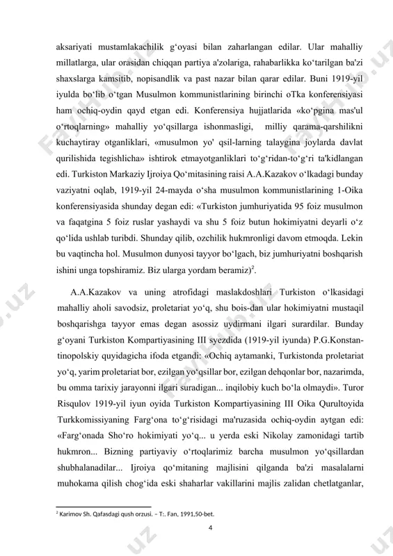 2-sentabr va 6 oktabr) va respublika sho‘rolarining viii qurultoyi turkiston o‘lkasida avj olgan shovinistik siyosatni qoralagan qarorlar qabul qildi. ammo qarorlar qog‘ozda qoldi, shovinizm va mustamlakachilik siyosatiga qarshi hech qanday amaliy chora-tadbir ko‘rilishi mumkin ham emas edi. chunki o‘lkada amalga oshirilayotgan genosid, sovet mustamlakachiligi va shovinistik siyosat tepasida kompartiya va sho‘ro hukumati rahbarlarining o‘zlari turgan edilar. 1919-yil oktabr oyidan keyingi davrda nafaqat turkistonda, balki butun o‘rta osiyoda sho‘ro hukumatini o^rnatish bahonasida amalga oshirilgan dahshatli qirg‘inlar, mahalliy musulmon ahlining insoniy qadr-qimmatini va shuurini toptash, oyoq osti qilish vllenin tashabbusi bilan tuzilgan butumossiya miq va rsfsr xk kengashining turkiston ishlari bo‘yicha komissiya (turkkomissiya) nomi bilan bog‘liqdir. 29-sentabrda rkp (b) markaziy qo‘mitasining tashkiliy byurosi turkkomissiya to‘g‘risidagi nizomni tasdiqladi. [3: syezd narodov vostoka stenograficheskiy otchet. – petrograd, 1920, 90-91-betlar] 1919-yil 7-oktabrda xk kengashi turkkomissiya tuzish to‘g‘risidagi qarorni xk kengashi nomidan imzolash uchun vlleninga vakolat berishga qaror qildi va lenin uni imzoladi[footnoteref:4]. komissiya tarkibiga sh.eliava …