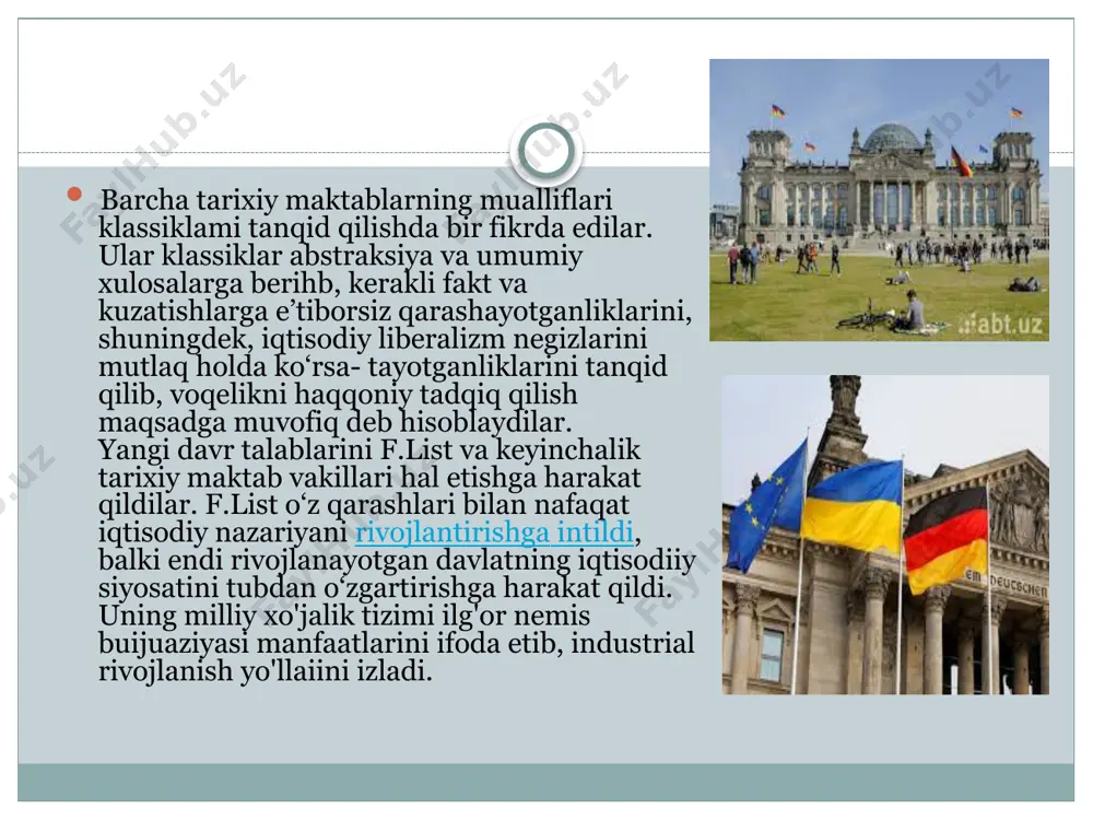 sodiy birligini ta’minlash maqsadida «savdo-sanoat ittifoqi»x\\ tuzdi. 1825-yilda germaniyani tark etib, aqshga doimiy yashash uchun ketdi. 1832-yildan f.list yevropaga qaytib, aqshning leypsigdagi elchisi bo'lib ishladi. u o'zining bor kuchini, idroki va iqtidorini iqtisodiy muammolarni keng o'rganishga qaratdi. sanoat burjuaziyasi manfaatlarining ifodachisi bo'lgan f.list iqtisodiy birlik uchun birinchilar qatori maydonga chiqdi. u o'zining «siyosiy iqtisodning milliy sistemasi» (1841) nomli asosiy asarida milliy siyosiy iqtisodni yaratish vazifasini o'rtaga qo'ydi. mamlakatning ishlab chiqaruvchi kuchlari to'g'risidagi ta’limot unga asos bo'lishi kerak edi. f.list dav­latning faoliyatini, dinni, axloqni, ma’naviyati kabilami ishlab chiqa­ruvchi kuchlar jumlasiga qo'shdi. f.listning ta’limotiga ko'ra, qiymatni ishlab chiqaruvchi kuchlar, «millatning ruhi» (toj-taxtning meros bo'lib qolishi, huquq, sud, armiya, polisiya va shu kabilar) yaratadi. list iqtisodiy fanda klassik maktabni, ayniqsa, uning yirik namoyan- dasi bo'lgan a.smit iqtisodiyotini tanqid qiluvchi bo'lib faoliyat ko'rsatdi, lekin u klassik maktabning asosi bo'lgan qiymat va daromadlar nazariyasini mutlaqo tahrir qilmadi. iqtisodiyotning bu kategoriyalari olimni qiziqtirmadi. asosiy e’tibor iqtisodiy …