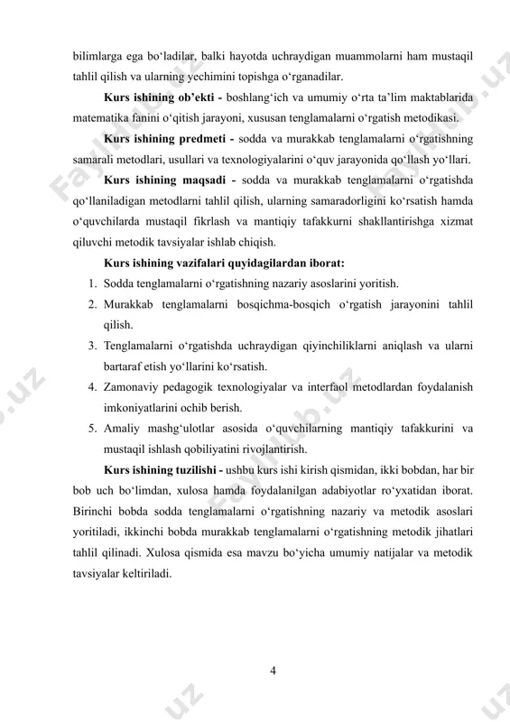 hunchalarni amaliyotda qo‘llash qobiliyatlarini rivojlantiradi. tenglama deganda noma’lum sonni aniqlashga qaratilgan matematik ifoda tushuniladi. uning asosiy mazmuni shundaki, tenglamada noma’lum ishtirok etadi va tenglikning to‘g‘riligini ta’minlaydigan sonni topish talab qilinadi. masalan, x + 5 = 9 tenglamasida noma’lum x bo‘lib, uni topish uchun o‘quvchi oddiy arifmetik amal bajaradi, ya’ni x = 9 – 5 = 4. bu misolda tenglamaning sodda shakli ko‘rib chiqilgan bo‘lib, unda faqat bitta noma’lum va bitta amal ishtirok etadi[footnoteref:1]. [1: abdullaeva, m. sh. boshlang‘ich sinf o‘quvchilarida matematik tafakkurni rivojlantirish. – toshkent: fan va texnologiya, 2020. – 136 b.] sodda tenglamalarni o‘rganishda avvalo bolalarga tenglik va tengsizlik tushunchalari haqida tushuncha beriladi. tenglik belgisi (=) ikki ifodaning qiymati bir xil ekanini bildiradi. masalan, 6 + 2 = 8 ifodasi to‘g‘ri tenglik, 7 – 3 = 5 ifodasi esa noto‘g‘ri tenglikdir. shundan so‘ng tenglikka noma’lum kiritiladi va ularni topish usullari o‘rgatiladi. oddiy ko‘rinishdagi x – 3 = 5 tenglamasida …