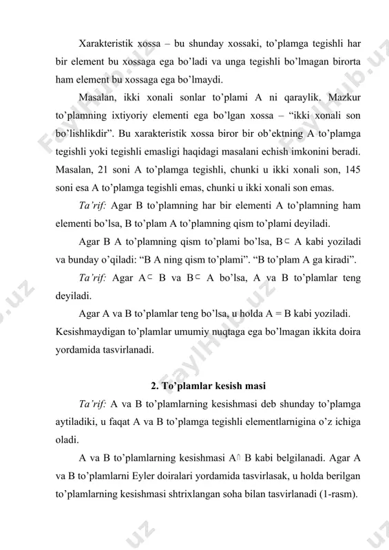 ementlar a to’plamning elementlari bo’ladi. demak mazkur holda a(b = a. 4. to’plamlar kesishmasi va birlashmasi qonunlari 1. ixtiyoriy a va b to’plamlar uchun to’plamlar kesishmasi va birlashmasining o’rin almashtirish qonunini ifodalovchi a(b = b(a , a(b = b(a tenglikning o’rinli bo’lishi kelib chiqadi. 2. to’plamlar birlashmasi va kesishmasi uchun gruppalash qonuni ham o’rinli, ixtiyoriy a, b va c to’plamlar uchun (a(b) (c = a((b(c), (a(b) (c = a ( (b (c) tengliklar bajariladi. gruppalash qonunlarini eyler doiralari yordamida ko’rgazmali tasavvur qilish mumkin. masalan, to’plamlar kesishmasining gruppalash qonunini ko’rib chqaylik. a, b va c to’plamlarni juft-jufti bilan kesishadigan uchta doira ko’rinishida tasvirlaymiz 3. taqsimot xossasi: (a(b) ( c = (a (c) ( (b ( c), (a (b) ( c = (a (c) ( (b ( c) 5. qism to’plamning to’ldiruvchisi eyler doiralari yordamida mazkur vaziyat 3-rasmdagi kabi tasvirlanadi, bunda a to’plamdan b qism to’plam chiqarib tashlangandan keyin qolgan qism – …