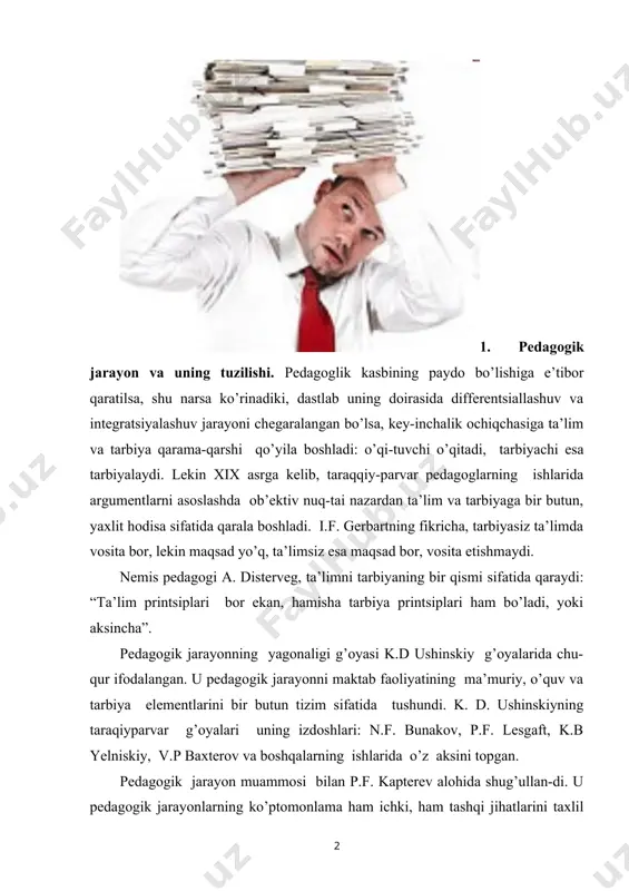 a boshqalar yagona pedagogik jarayonga ilmiy qiziqish bilan qarashdi. pedagogik jarayonning mohiyati tizimli metodologik yondashuv asosidagina zamonaviy mualliflar tomonidan ochib berildi. u pedagogik ob’ektlarni tizimlar sifatida qarashni taklif etadi, aynan: tarkibiy qismlarining tuzilishini, ular orasidagi o’zaro aloqadorlikni aniqlash kabilarni o’zida jamlaydi. pedagogik jarayon – pedagogik fanlarning eng muhim, asosiy katego-riyalaridan biri. pedagogik jarayon kattalarning pedagogik faoliyati va tarbiyachilar-ning boshqaruvchilik roli tufayli faol hayotiy faoliyat natijasida bolaning o’zini-o’zi o’zgartirishining maqsadga yo’naltirilgan mazmundor, tashkiliy harakatidir. u haqiqatdan ilmiy asoslangan, rivojlantiruvchi va takomillashib boruvchi tizim sifatida mavjud bo’ladi hamda tarbiya qonuniyatlari, pedagogning ijodkorligi va ta’lim oluvchilarning yosh bilan bog’liq o’zgarishlari dinamikasiga asoslanadi. pedagogik jarayon boshqa barcha ijtimoiy jarayonlar (iqtisodiy, siyo-siy, axloqiy, madaniy va boshqalar) bilan chambarchas bog’langan. uning mo-hiyati, mazmuni va yo’nalganligi ijtimoiy jarayonlarning holati, ishlab chiqarish kuchlari va ishlab chiqarish munosabatlarining real o’zaro haraka-tiga bog’liq bo’ladi. o’quv-tarbiya jarayonining asosiy xususiyati – yagonalik, undagi barcha muhim tarkibiy qismlarni saqlab qolish zaruriyati. yaxlitlik asosiga …