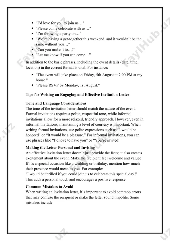 nderstanding the structure of an invitation, using appropriate expressions, and considering tips for effective communication will ensure your invitation stands out. always remember to be polite, clear, and inviting in your writing. a well-crafted invitation letter not only provides essential information but also sets the stage for a successful and enjoyable event. image1.png