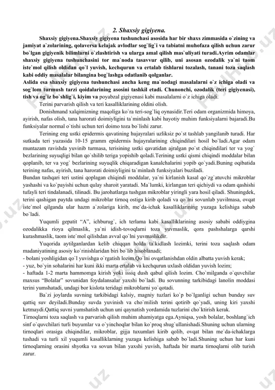 narsa bilan almashtirib bo`lmaydigan turi hisoblanadi.uyqu yetarli bo`lishi va uni to`g`ri tashkil etilishi sportchi sog`lig`ini mustahkamlash va ish bajarish qobiliyatini yuqori darajada bo`lishini ta`minlaydi. o’quvchi - talabalar bir kecha-kunduzda 8-9 soat uxlashi kerak.uxlash soat 22 da, uyg`onish soat 6 da, yoki uxlash 23 da, uyg`onish soat 7 da. har kuni bir vaqtda uxlash bir vaqtda uyg`onishga odatlangan odam yotishi bilanoq darrov uxlaydi, uyqu tinch bo`lib, yaxshi dam oladi.uyg`onish vaqti yetishi bilanoq u uyg`onadi. uyqudan keyin ish bajarish imkoniyati yaxshi bo`ladi.uxlash uchun ko`rpa-to`shak qulay bo`lishi kerak (matras, 2 ta choyshab, jun odeyal, yumshoq yostiq).uyqudan oldin deraza darchasini ochib havosi yangilanishi lozim. uyqudan oldin ochiq havoda 10-20 minut sayr qilish uyquning unumli bo`lishiga ijobiy ta`sir qiladi. 2. shaxsiy gigiyena. shaxsiy gigiyena.shaxsiy gigiyena tushunchasi asosida har bir shaxs zimmasida o`zining va jamiyat a`zolarining, qolaversa kelajak avlodlar sog`lig`i va tabiatni muhofaza qilish uchun zarur bo`lgan gigiyenik bilimlarni o`zlashtirish va ularga amal qilish mas`uliyati turadi.ayrim …