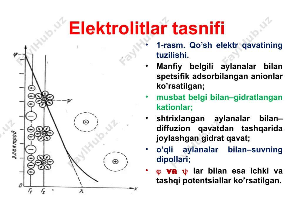 a qaytarilishi mumkin. bunda platina musbat zaryadlanadi, eritmada esa ortiqcha anion hisobiga manfiy zaryad paydo bo’ladi (masalan, fecl3 dan cl), shuningdek keyingi elektronlarni tortib olishi borgan sari qiyinlashib boradi va nihoyat musbat zaryadlangan elektrod va anionlar qavati orasida muvozanat o’rnatiladi. elektrod potentsiallar shunday qilib, kimyoviy reaktsiyasi boradi. shuningdek, unga qarama-qarshi reaktsiya ham borishi mumkin: elementni ulaganda reaktsiyaning u yoki bu yo’nalishi bitta elektrodning tabiatiga emas, balki galvanik elementning ikkala elektrodiga bog’liq. elektrodni eritmadan chiqarib olish eritmani boshlang’ich holatga qaytaradi. qo’sh qavatdagi ionlarni ko’pincha potentsial hosil qiluvchi ionlar deyiladi. standart potentsiallar. nernst tenglamasi ikkita elektroddan iborat bo’lgan va elektrodlardan birining potentsiali aniqlanishi kerak bo’lgan, ikkinchi elektrodning potentsiali esa nolga teng deb olingan galvanik elementning eyuk si elektrodning standart potentsiali hisoblanadi. standart potentsiallar. nernst tenglamasi potentsiali nolga teng deb olingan elektrod sifatida standart sharoitlardagi normal vodorod elektrodi xizmat qiladi. elektrod potentsiallarining absolyut qiymatlari noma’lum. vodorod elektrodining standart potentsiali har qanday haroratlarda nolga …
