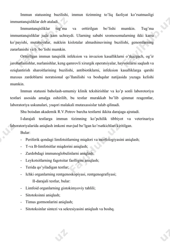 i aniqlash; · sitotoksinlar sintezi va sekresiyasini aniqlash va boshq. 3. serologik reaksiyalar - antitelo saqlovchi zardoblar bilan qo’yiladigan reaksiyalardir. ularning asosida antitelolarning antigen bilan o’zaro maxsus ta’sirlashishi yotadi. bu reaksiyalar gumoral reaksiyalar ham deb ataladi. serologik reaksiyalar soni va modifikatsiyalari juda ko’p. bu reaksiyalarning laboratoriya immunologik testlar qo’yish texnikasi va qayd etiladigan samaradorligi bilan farq qilsada ularning barchasi antigen va antitelolarning o’zaro ta’sirlashuviga asoslangan. mikrobiologiya amaliyotida agglyutinatsiya, presitpitatsiya, neytralizatsiya, komplement ishtirokidagi reaksiya “belgilangan” antitelolarni qo’llash bilan qo’yiladigan reaksiyalar keng qo’llaniladi. antigen va antitelo o’rtasidagi o’zaro reaksiya ikkita fazada boradi. birinchisi - maxsus, ikkinchisi nomaxsus fazalar: maxsus fazada antiteloning faol markazi (paratop)ning antigenning mos determinanti (epitop) bilan maxsus bog’lanishi yuz beradi. antigen bilan antitelo bog’lanishining mustahkamligi va soni antitelolarning affinligi, avidligi valentligiga bog’liq. affinlik - bu antiteloning antigen bilan maxsus o’zaro tasirlashishining kuchi (darajasi). affinlik antitelo faol markazi strukturasining antigen dederminanti bilan kompementarligiga bog’liq. ular bir-biriga qanchalik mos kelsa molekular …