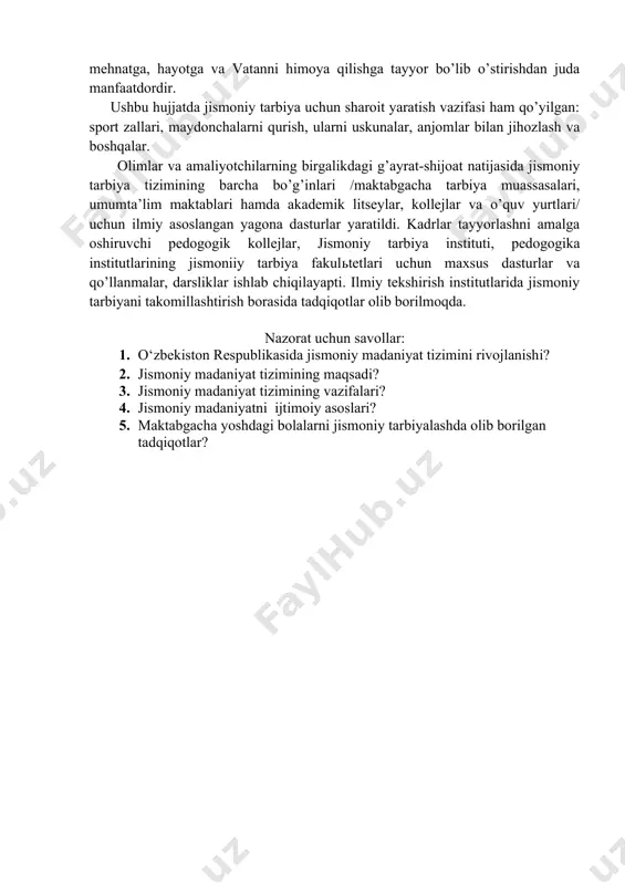 imofeeva, b.ch.vavilova, a.a.udyalova va boshqalarni (1960y.), pediatriya iti hodimi z.s.uvarova, bolalar va o’smirlar gigienasi iti hodimi g.p.yurko va boshqalar, jismoniy tarbiya institutlari, maktabgacha pedogogik kafedralarning o’qituvchilari o’z xissalarini qo’shganlar. sobiq sovet davrida jismoniy madaniyatning rivojlanishiga o’zbekiston jismoniy tarbiya sport ko’mitasi xodimlari va ustozlari r.i.ismailov rahbarligida, o’zbekiston davlat jismoniy tarbiya institutining yetakchi professor-o’qituvchilari o.a.rixsieva, a.i.yarotskiy, x.t.rafieva, o.m.jigallo va boshqa ko’pchilik olimlar o’z xissalarini qo’shganlar. ayniqsa o’zbekiston respublikasi mustaqil davlat bo’lgandan keyin jismoniy tarbiya masalalariga, qadriyatlarni tiklashga va uni rivojlanishiga katta e’tibor beriladi. o’zbekiston respublikasining ta’lim to’g’risidagi qonunida (29 avgust 1997y) bolalar jismoniy tarbiyasini yanada yaxshilash zarurligi yana bir bor ta’kidlandi. jamiyat yosh avlodni jismoniy jihatdan sog’lom, baquvvat, xushchaqchaq bo’lib, mehnatga, hayotga va vatanni himoya qilishga tayyor bo’lib o’stirishdan juda manfaatdordir. ushbu hujjatda jismoniy tarbiya uchun sharoit yaratish vazifasi ham qo’yilgan: sport zallari, maydonchalarni qurish, ularni uskunalar, anjomlar bilan jihozlash va boshqalar. olimlar va amaliyotchilarning birgalikdagi g’ayrat-shijoat natijasida jismoniy tarbiya tizimining barcha …