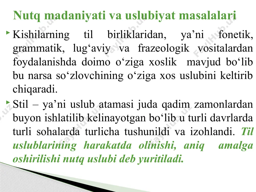 grammatik xususiyatlarga ega. grammatikaning morfologiya va sintaksis nomlari ostida ikki qismga ajratish holati grammatik uslubshunoslikda ham saqlanadi, ya’ni u morfologik uslubshunoslik hamda sintaktik uslubshunoslik kabi ikki ko‘rinishda bo‘ladi. grammatika so‘zning yoki sintaktik qurilmaning lug‘aviy va grammatik ma’nolarini, fikriy jihatni o‘rgansa, grammatik stilistika ularning qo‘shimcha – ekspressiv ma’nolarini vazifaviy xususiyatlarini o‘rganadi. grammatika bilan uslubshunoslik birgalikda faqat grammatik shakllarning nimani ifodalashini emas, balki qanday ifodalashini ham tekshiradi. . 20 ushbu uslubning grammatik o‘ziga xosliklari quyidagilarda ko‘rinadi: . 1 3 5 4 2 . ilmiy uslub publitsistik uslub badiiy nutq grammatikaning morfologiya va sintaksis nomlari ostida ikki qismga ajratish holati grammatik uslubshunoslikda ham saqlanadi, ya’ni u morfologik uslubshunoslik hamda sintaktik uslubshunoslik kabi ikki ko‘rinishda bo‘ladi. grammatika so‘zning yoki sintaktik qurilmaning lug‘aviy va grammatik ma’nolarini, fikriy jihatni o‘rgansa, grammatik stilistika ularning qo‘shimcha – ekspressiv ma’nolarini vazifaviy xususiyatlarini o‘rganadi. grammatika bilan uslubshunoslik birgalikda faqat grammatik shakllarning nimani ifodalashini emas, balki qanday ifodalashini ham tekshiradi. grammatik …