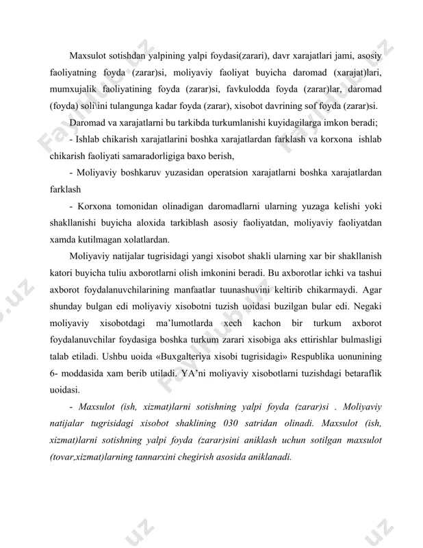 ng odatda ikkita sharti xarakterlanadi. bular kassali va xisobga olish usullaridir. kassali usulning moxiyati shundaki, bunda maxsulotlar ortib junatilib xisob xujjatlari taudim etilgan va ularning xisob schetlariga puli kelib tushgandan keyingina sotilgan xisoblash va tushum katoriga uushish, sotishga soliklar summasini xam ularning amalga oshish davriga muvofik xisoblashni xarakterlaydi. «buxgalteriya xisobi tugrisidagi» uonunning kabul uilinishiga kadar respublikamizda ushbu usul kullanib kelindi. maxsulot (ish va xizmat) larni sotilgan katorga kiritishning yoki daromadlarni tan olishning xisobga olish usuli esa ularning ortib junatilib xisob xujjatlari taudim etilgan vauti buyicha xisobga olishni xarakterlaydi. bunda pul tushumlar yoki tulovlarning amalga oshish vautiga axamiyat berilmaydi. sotishga soliklarning xisob- kitobi xam bevosita ularning tushum sifatida tan olish vauti buyicha xisobga olinadi. - maxsulot sotishdan yalpi foyda. bu kursatkich moliyaviy natijalar tugrisidagi xisobotning 030-satrida kursatilgan. maxsulot sotishdan olingan yalpi moliyaviy natija foyda yoki zarar kuyidagi boglanishlar asosida aniklanadi. ya’ni maxsulot (ish va xizmat) larni sotishdan olingan sof tushumdan shu …