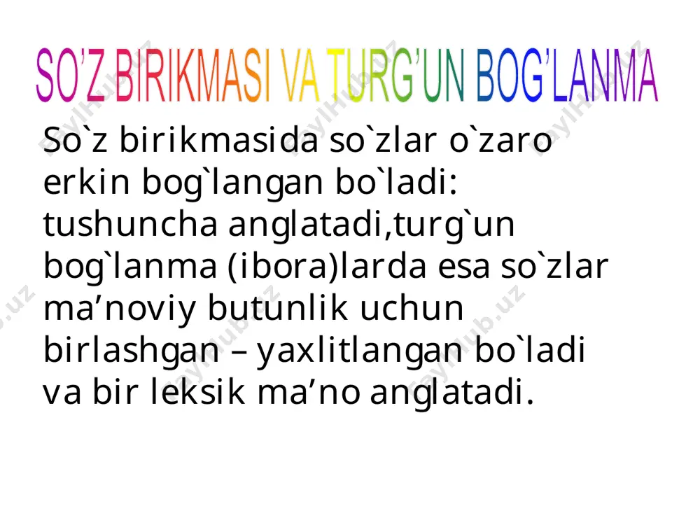 ib alijon kirib keldi. 4. kim u? joyimda qoqqan qoziqday qotib qoldim. 5. mehmon joyiga o’tirdi-yu, ammo ko’ngli joyiga tushmadi. 6. og’ziga tolqon solganday jim o’tirdi. 7.manashu tirranchalarni deb boya rosa po’stagimni qoqishgandi. t e s t 1 1.yigit oqimga qarshi suzib, ariqning boshiga yetdi. 2.qo`rsligi, bema’ni gaplari, axir uning boshiga yetdi. 3.ota-bobolar nomini doim esda tutish kerakligini o`g`lining qulog`iga qo`ydi. 4.shifokor dorini bolaning qulog`iga qo`ydi mazkur gapda ajratilgan so`zlarning qay biri tushuncha anglatadi? a . 1,4 b .2,3 g.1,3 d. 2,4 2 1.yigit oqimga qarshi suzib, ariqning boshiga yetdi. 2.qo`rsligi, bema’ni gaplari, axir uning boshiga yetdi. 3.ota-bobolar nomini doim esda tutish kerakligini o`g`lining qulog`iga qo`ydi. 4.shifokor dorini bolaning qulog`iga qo`ydi ajratilgan gaplarning qaysi biri leksik ma’no ifodalagan? a . 1,4 b .2,3 s.1,3 d. 2,4 3 yigit oqimga qarshi suzib, ariqning boshiga yetdi. qo`rsligi, bema’ni gaplari, axir uning boshiga yetdi. ota-bobolar nomini doim esda tutish kerakligini o`g`lining qulog`iga qo`ydi. …