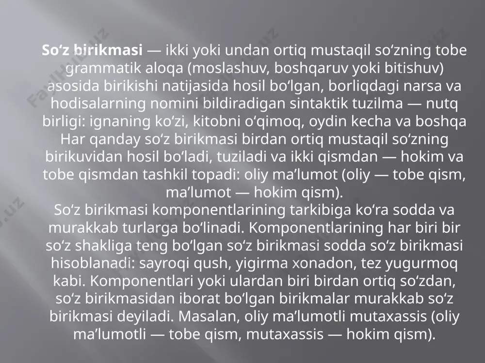 b, ibora o‘zida tayyorlik, majburiylik, barqarorlik kabi belgilarni tashiydigan lisoniy birlik qatoridan joy olgan. ibora tashkil etuvchilari (zohiriy) jihatidan sbga o‘xshasa-da, mohiyatan leksemaga yaqinlashadi. zero, tarvuzi qo‘ltig‘idan tushdi iborasi bilan bo‘shashmoq so‘zining ma’noviy mohiyati yaqin. leksema kabi ibora ham yaxlit holda yashaydi. so‘z birikmasi esa vaqtincha va o‘zgaruvchan. so‘z birikmasini tashkil etgan so‘zlar nutqda o‘z mustaqil ma’nolari bilan qatnashgani holda ibora tarkibidagi so‘zlar o‘zlarining xos ma’nosidan uzoqlashgan (tarvuzi qo‘ltig‘idan tushdi iborasida tarvuz, qo‘ltiq, tushmoq so‘zlari o‘zlarining xos ma’nolariga ega emas). so’z birikmasida bog‘lanish omili. sbning tuzilishi, tashkil etuvchi a’zolarning o‘zaro munosabatini o‘rganish jarayonida birikishning ichki qonuniyati ochiladi. sbda bog‘lanish a’zolardan birining faolligi asosida emas, balki har ikki a’zoning ham bir-biriga, avvalo, ma’noviy, qolaversa, shakliy, joylashuv jihatdan moslashishi asosida yuz beradi. chunki tobelanayotgan leksemaning birikish imkoniyati voqelanishga, hokim a’zoning biriktirish talabi esa qondirilishga intiladi. sbdagi a’zolarning goh bittasining (maktabga bormoq), goh ikkinchisining ham (maktabning bog‘i) grammatik shakllanishi asosida sintaktik aloqaning ikki …