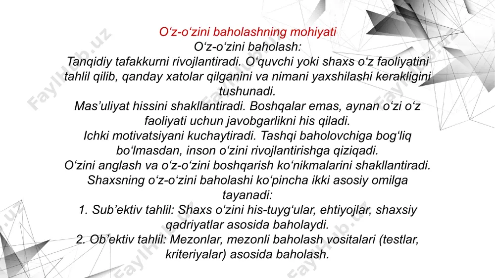 rashlarni rivojlantiradi o‘zaro hurmat va ishonch muhitini kuchaytiradi o‘z-o‘zini va guruhni baholashning o‘quv jarayonidagi o‘rni va natijalari baholashning o‘quv jarayonidagi roli o‘quv jarayonida baholash — bu faqatgina bilimlarni aniqlash vositasi emas, balki shaxsiy rivojlanish, ijtimoiylashuv va mas’uliyat hissini shakllantirishga xizmat qiladigan kuchli pedagogik vositadir. ayniqsa, o‘z-o‘zini baholash va guruhiy baholash: o‘quvchilarning o‘quv jarayonidagi faol ishtirokini ta’minlaydi mustaqil fikrlash va o‘zini anglash ko‘nikmalarini rivojlantiradi har bir shaxsning guruhdagi ulushi va mas’uliyatini oshiradi baholash jarayonini shaffof, demokratik va motivatsion qiladi motivatsiya va ishtirokga ta’siri baholashda faqat o‘qituvchining ishtiroki emas, balki o‘quvchining o‘zi ham baholovchi rolini o‘ynaganda: o‘quvchilar o‘zlarini jarayon egasi deb his qilishadi baholash tashqi majburiyat emas, ichki intilishga aylanadi qisqa muddatli bilim olish emas, chuqur o‘zlashtirish va rivojlanish maqsad qilib olinadi passiv o‘quvchilar ham o‘z faoliyatlarini ko‘zdan kechiradi va o‘zgarishga intiladi masalan, har bir dars oxirida "bugun men nimani o‘rgandim?", "qaysi vazifa qiyin bo‘ldi?", "nimani yaxshi bajardim?" kabi savollar orqali o‘z-o‘zini …