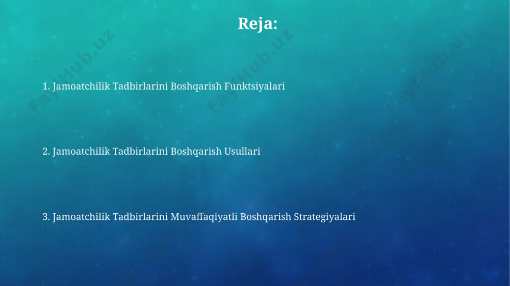 ри ўтказилди, бу хавфсизлик ва самарадорликни оширди. muammolarni hal qilish va inqirozlarni boshqarish samarqanddagi tarixiy joylarda oʻtkaziladigan yirik tadbirlar uchun favqulodda vaziyatlar rejasini ishlab chiqishda 3 bosqichli xavf tahlili va 7 ta asosiy senariyni hisobga olish zarur. fargʻona vodiysidagi ommaviy tadbirlarni tashkil etishda 1000 dan ortiq ishtirokchini qamrab oluvchi kutilmagan holatlar uchun 24/7 qoʻllab-quvvatlash xizmati tashkil etish muhim ahamiyat kasb etadi. xavfsizlik va xavfsizlik choralari xorazm viloyatida o'tkaziladigan ochiq havoda bo'ladigan keng ko'lamli tadbirlar uchun, kamida 3ta favqulodda chiqish joyi va 5 ta tibbiy yordam punkti tashkil etiladi, bu esa 10 ming ishtirokchini xavfsiz evakuatsiya qilish imkonini beradi. samarkanddagi tarixiy tadbirlar uchun 3 bosqichli xavfsizlik rejasi qo'llaniladi: kirish nazorati, voqea joyidagi kuzatuv va favqulodda vaziyatlarga tayyorlik. bu reja 2020 yildan buyon amal qiladi va kamida 100 ming kishini qamrab oladi. muloqot va aloqa buxoroda bo'lib o'tgan xalqaro turizm ko'rgazmasida 20 dan ortiq mamlakat vakillari bilan o'zaro samarali muloqotni ta'minlash uchun …
