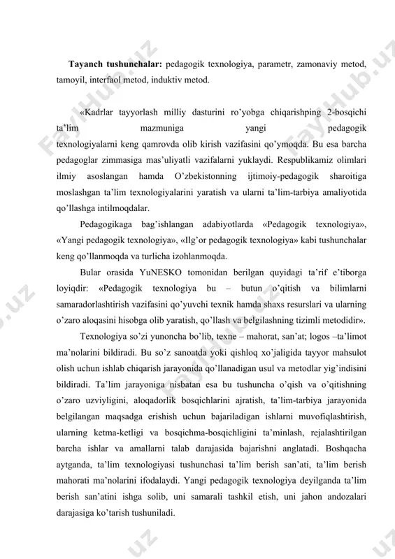 a bajarishni anglatadi. boshqacha aytganda, ta’lim texnologiyasi tushunchasi ta’lim berish san’ati, ta’lim berish mahorati ma’nolarini ifodalaydi. yangi pedagogik texnologiya deyilganda ta’lim berish san’atini ishga solib, uni samarali tashkil etish, uni jahon andozalari darajasiga ko’tarish tushuniladi. pedagogik texnologiya atamasi ta’lim jarayoniga yangicha, o’ziga xos belgi va xususiyatlarga ega bo’lgan tizimli yondashuvga asoslanadi. bu talim jarayoniga innovasion yondashuv demakdir. yangi ta’limni tashkil etishda jahon pedagogikasi amaliyotida qo’llaniladigan ilg’or metod va usullar, texnika vositalari, o’qitishning shakllarini ta’lim jarayoniga har bir o’quvchi shaxsi, ruxiy o’ziga xosligi, intellektual imkoniyatlari, milliy va ijtimoiy xususiyatlarini inobatga olgan holda olib kirish demakdir. yangi pedagogik texnologiya o’quvchiga ta’lim jarayonining sub’ekti, ya’ni faol ishtirokchisi, o’qituvchiga esa shu jarayonning tashkilotchisi, boshqaruvchisi sifatida qarashni taqozo etadi. darsda o’quvchi faol ishlovchi shaxs bo’lib, u butun mashg’ulot jarayonida egallagan bilimlarini xotirada tiklaydi, uni qisman yangi sharoitlarda qo’llaydi, aqliy faoliyat usullarini bajarib, ma’lumdan noma’lumga qarab boradi. yangi pedagogik texnologiyaning mohiyati o’quvchini mustaqil fikrlashga o’rgatish, bilim …