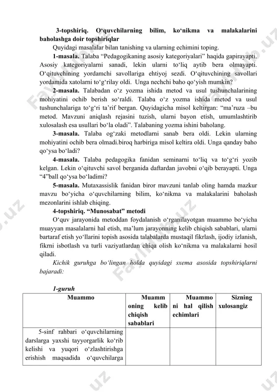 savollariga ehtiyoj sezdi. o‘qituvchining savollari yordamida xatolarni to‘g‘rilay oldi. unga nechchi baho qo‘yish mumkin? 2-masala. talabadan o‘z yozma ishida metod va usul tushunchalarining mohiyatini ochib berish so‘raldi. talaba o‘z yozma ishida metod va usul tushunchalariga to‘g‘ri ta’rif bergan. quyidagicha misol keltirgan: “ma’ruza –bu metod. mavzuni aniqlash rejasini tuzish, ularni bayon etish, umumlashtirib xulosalash esa usullari bo‘la oladi”. talabaning yozma ishini baholang. 3-masala. talaba og‘zaki metodlarni sanab bera oldi. lekin ularning mohiyatini ochib bera olmadi.biroq harbiriga misol keltira oldi. unga qanday baho qo‘ysa bo‘ladi? 4-masala. talaba pedagogika fanidan seminarni to‘liq va to‘g‘ri yozib kelgan. lekin o‘qituvchi savol berganida daftardan javobni o‘qib berayapti. unga “4”ball qo‘ysa bo‘ladimi? 5-masala. mutaxassislik fanidan biror mavzuni tanlab oling hamda mazkur mavzu bo‘yicha o‘quvchilarning bilim, ko‘nikma va malakalarini baholash mezonlarini ishlab chiqing. 4-topshiriq. “munosabat” metodi o‘quv jarayonida metoddan foydalanish o‘rganilayotgan muammo bo‘yicha muayyan masalalarni hal etish, ma’lum jarayonning kelib chiqish sabablari, ularni bartaraf etish yo‘llarini topish asosida …