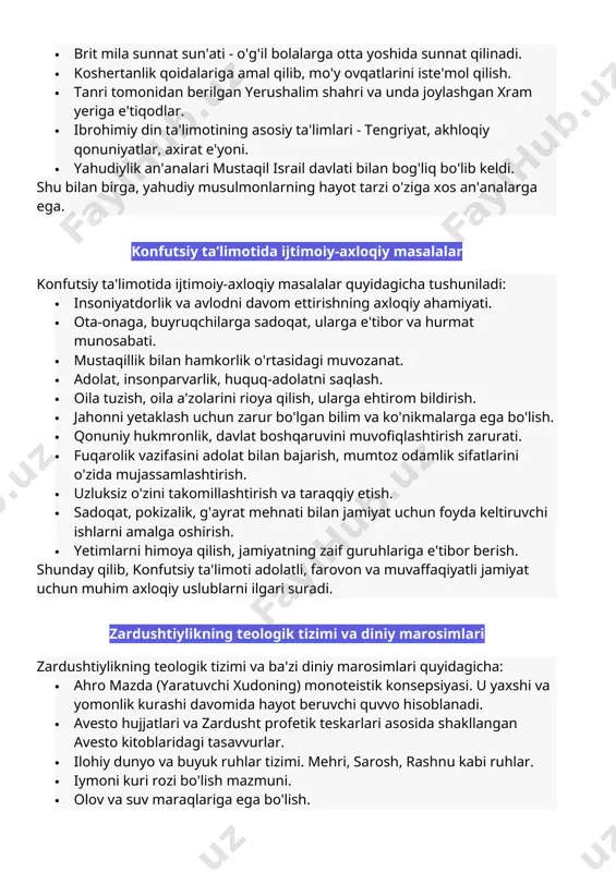 yatning zaif guruhlariga e'tibor berish. shunday qilib, konfutsiy ta'limoti adolatli, farovon va muvaffaqiyatli jamiyat uchun muhim axloqiy uslublarni ilgari suradi. zardushtiylikning teologik tizimi va diniy marosimlari zardushtiylikning teologik tizimi va ba'zi diniy marosimlari quyidagicha: · ahro mazda (yaratuvchi xudoning) monoteistik konsepsiyasi. u yaxshi va yomonlik kurashi davomida hayot beruvchi quvvo hisoblanadi. · avesto hujjatlari va zardusht profetik teskarlari asosida shakllangan avesto kitoblaridagi tasavvurlar. · ilohiy dunyo va buyuk ruhlar tizimi. mehri, sarosh, rashnu kabi ruhlar. · iymoni kuri rozi bo'lish mazmuni. · olov va suv maraqlariga ega bo'lish. · kuni davomingi 3 bosqichli ibodatlari: savonglik, ouzlik, shamolik. · novruz - yillik bahor bayrami. · mitropolita ibrohimiy dinlarga xos bo'lgan shabbatlarni tan olganligi. · sofulari - diniy rahbarlik qiladigan zardushtlar. · ziyoratjoy kabi me'morlik obyektlari. · xormog' ketmona sun'ati, atrosh va boshqa arxeologik kolleksiyalar. · o'limga tan berish va jasodni qush tashlash an'analari. shu bilan birga, zardushtiylar ikkinchi dunyoviy urush paytida …