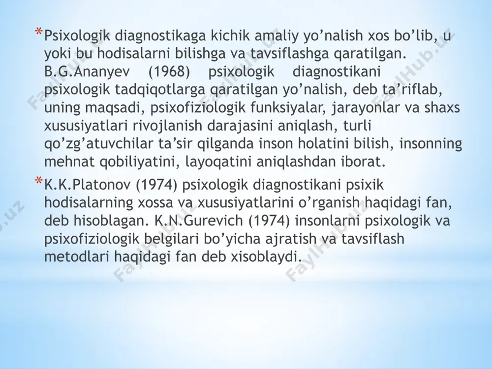 ilgan rasmlarni tahlilig asoslangan intellektni o’lchash shkalasini chop etgan. test katta mashhurlik keltirib o’z mavqyeini ko’p yillar davomida saqlab turgan.1950 yilga kelib, deyl xarris bu testga ma’lum ma’nodagi o’zgarishlar va qo’shimchalarni kiritgan (gudinaf – xarris nomi bilan mashhur rasm testi). gudinafning boshqa izlanishlari bolalarni ijtimoiy va emosinal rivojlanishini o’rganishga qaratilgan. 1947 yil kasalligi tufayli mehnat ta’tiliga chiqishga majbur bo’lganligiga qaramasdan, unga mashhurlik olib kelgan kitoblarining chiqishi davom etgan stenli devid porteus u 1883 yilda boks–xillda (avstraliya) tug’ilgan. birinchi professional avstraliyalik psixolog sifatida tan olingan. oliy ma’lumotga egan bo’lganidan so’ng, u maxsus maktablarda inspektor bo’lib ishlagan (1913–1916) va keyinchalik melburunsk universitetida antropologiya rivojlanishi laboratoriyasini boshqargan (1916–1917). aqshga ko’chib kelganidan so’ng psixologiyadan dars bergan va vaynlend voyaga yetmagan jinoyatchilar axloq tuzatuvchi maktabini psixologik laboratoriyasining direktori bo’lgan (1919–1925). gavayi univesitetida klinik psixologiya professori va psixologik klinika direktori lavozimlarida ishlagan (1922–1948). psixodiagnostika tarixiga “labirint”lar avtori sifatida kirib kelgan. german rorshax ilmiy darajaga ega bo’lgan. …