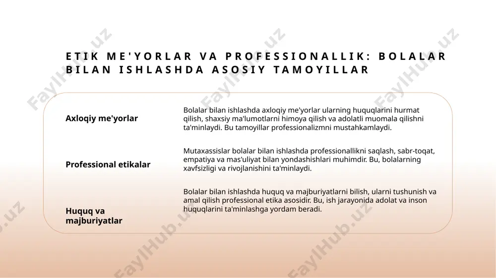 ydi. axloqiy qadriyatlar axloqiy qadriyatlar - hurmat, adolat va tenglik kabi tamoyillar, inkluziv muhit yaratishda asosiy omil bo'lib, bolalarning xavfsizligi va farovonligini ta'minlaydi. madaniyat va inkluzivlik madaniyat va inkluzivlik o'rtasidagi bog'liqlik, turli madaniyatlardan kelgan bolalarni tushunish va qabul qilishda muhim omil bo'lib, ularning ijtimoiy integratsiyasini rivojlantiradi. inkluziv ta'limni rivojlantirish uchun zamonaviy usullar va amaliyotlar innovatsion yondashuvlar zamonaviy inkluziv ta’lim usullari texnologiya va individual yondashuvlarni birlashtiradi, bolalarning ehtiyojlariga mos keladigan muhit yaratadi. raqamli texnologiyalar ta’limda interaktiv platformalar va mobil ilovalar yordamida bolalarning qiziqishini oshirish, shuningdek, o‘qitishni shaxsiylashtirish imkonini beradi. hamkorlik va treninglar o‘qituvchilar, ota-onalar va mutaxassislar o‘rtasida doimiy hamkorlik va malaka oshirish inkluziv ta’lim sifatini yuqori darajada ta’minlaydi. xulosa axloqiy yondashuvlar va madaniyatning roli axloqiy yondashuvlar va madaniyat alohida ehtiyojli bolalarni qo‘llab-quvvatlashda muhim asos yaratadi, hurmat, adolat va mehr-shafqatni ta’minlaydi. bu tamoyillar yordamida xavfsiz va inkluziv muhit shakllanadi, bolalar rivojlanishi uchun poydevor bo‘lib xizmat qiladi. inkluziv ta'lim va madaniyatning muhimligi inkluziv …