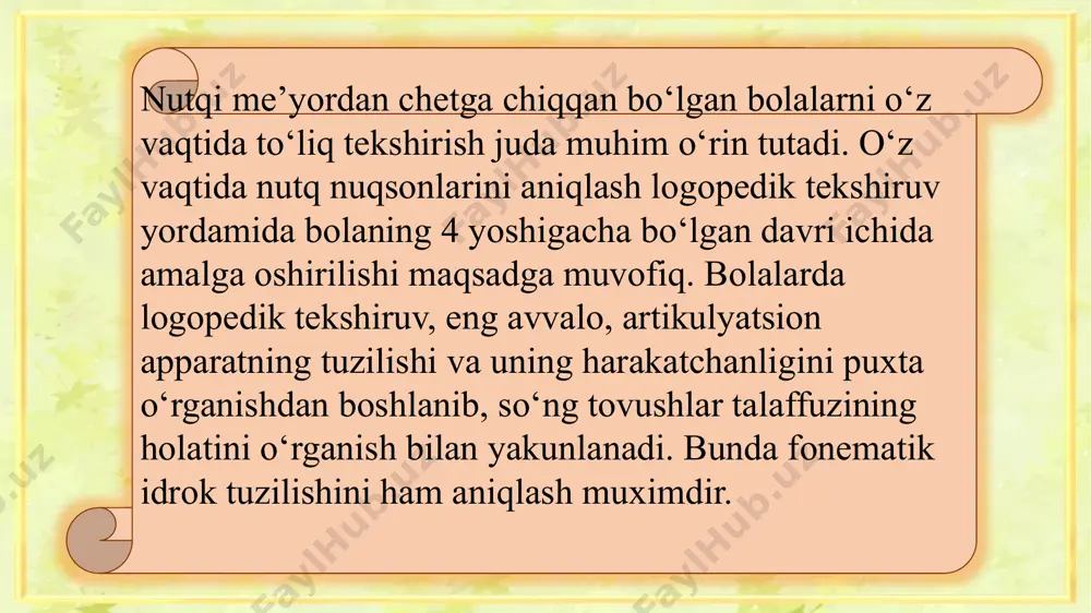 vo-davo-navo bosh-qosh - tosh dil-til-sil tong-dong-bong bu usul fonematik idrokning darajasi, bola diqqat va eshitish xotirasining bosqichini aniqlab beradi. har tomonlama qilingan logopedik tekshiruv natijalari dislaliyaning kelib chiqish sababi, xarakteri, darajasi va nuqson ustidagi korreksion ish yo‘nalishlarini aniqlab beradi. ovoz buzilishini tashxislash, davolash va profilaktika qilish ovoz buzilishlari uning yetarli darajada kuchli, baland emasligi, tembrning buzilishi, ovozning charchashi, tomoqda qichishish, og‘rish, “tugun turishi” bilan namoyon bo‘ladi. ovoz buzilishlari ko‘pincha, ovozga katta nutq yuklamasini his etuvchi ovoz-nutq kasb egalari (o‘qituvchilar, ma’ruzachilar, aktyorlar, qo‘shiqchilar va h.k.), balog‘at yoshiga yetish davridagi o‘smirlar, turli nutq patologiyasi (rinolaliya, dizartriya, alaliya, duduqlik, afaziya) bor bo‘lgan bolalar va kattalarda uchraydi. bizniy tibbiy markazimizda ovoz apparati kasalliklarini oldini olishi, tashhislanishi va davolanishiga alohida e’tibor beriladi. hiqildoq stroboskopiyasi – ovoz boylamlarini funksiyalarini tekshirish. tashhislashning ushbu turi hiqildoqning juda ko‘p jiddiy kasalliklari, shu jumladan saraton kasalligini eng boshlang‘ich bosqichlarida aniqlash imkonini beradi. ovozning akustik tahlili. ushbu usul yordamida ovozning asosiy …