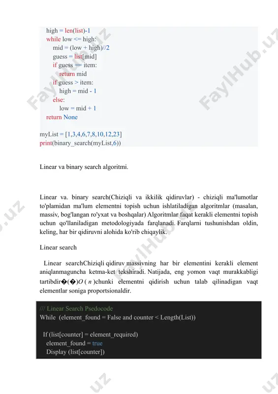 gan ro'yxat va boshqalar) algoritmlar faqat kerakli elementni topish uchun qo'llaniladigan metodologiyada farqlanadi. farqlarni tushunishdan oldin, keling, har bir qidiruvni alohida ko'rib chiqaylik. linear search linear searchchiziqli qidiruv massivning har bir elementini kerakli element aniqlanmaguncha ketma-ket tekshiradi. natijada, eng yomon vaqt murakkabligi tartibdir�(�)o ( n )chunki elementni qidirish uchun talab qilinadigan vaqt elementlar soniga proportsionaldir. /// linear search psedocode while (element_found = false and counter element_required) right = counter - 1 else display(list[counter]) chiziqli va ikkilik qidiruvning skanerlash usullari ikkala qidiruv ham ma'lumotlar to'plamining tabiatiga qarab turli xil afzallik va kamchiliklarga ega. biz asosiy farqlarni quyidagicha aniqlashimiz mumkin: · amalga oshirish: chiziqli qidiruv har qanday chiziqli ma'lumotlar tuzilmasida amalga oshirilishi mumkin. ikkilik qidiruv ikki tomonlama o'tishga ega ma'lumotlar tuzilmalarini talab qiladi. · saralangan ma'lumotlar: chiziqli qidiruv ma'lumotlarni saralash uchun hech qanday talabga ega emas. ikkilik qidiruv faqat tartiblangan ma'lumotlarda amalga oshirilishi mumkin. · samaradorlik: ikkilik qidiruv, ayniqsa kattaroq ma'lumotlar to'plamlari …