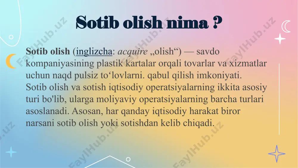 i ko'p darajali yoki tarmoq marketingi ko'rinishidagi faoliyat bo'lishi mumkin. ya'ni, ishlab chiqaruvchi kompaniya distribyutorlar bilan hamkorlik shartnomasini imzolaydi, distribyutorlar mahsulotlarni o'rganadilar va ularni potentsial mijozlarga sotadilar, bundan tashqari ular tarmoqqa xuddi shu funktsiyalarni bajaradigan boshqa distribyutorlarni imzolashlari mumkin. tarmoq marketingi foydali, chunki tovarlarni sotish uchun ko'plab savdo nuqtalarini ochish shart emas, bir nechta xizmat ko'rsatish nuqtalari kifoya qiladi. iste'molchilar distribyutorlar bilan bog'lanadi va ular orqali mahsulot sotib oladi ( distribyutor ham universal vositachi bo'lib, kompaniyaga mahsulot sotishda, iste'molchi esa sotib olishda yordam beradi) naqd pulga plastik kartaga kreditga garov evaziga sotib olishning usullari? 01 02 03 04 money siz hozirgi kunda xoxlagan mahsulotlaringizni uyda turib sotib olishingiz mumkin yani onlayn buning afzak tamonlaridan bittasi vaqtingizni tejashingiz masalan siz sotib olgan mahsulotni istiqomat qilib turgan uyingizga yetkazib berishlari mumkin ayrim holda siz harid qilayotkan ya’ni sotib olayotkan mahsulotni mutlaqo bepul yetkazib berishlari mumkin bu esa haridorni oz bo’lsa ham xursan …