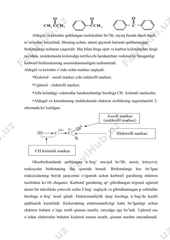 lgan sianid kislota zaharli ta’sir ko’rsatadi. aldegidlar va ketonlarga natriy gidrosulfit birikishi natijasida gidrosulfit hosilalar olinadi. ketonlardan faqat metilketonlar bu reaksiyaga kirishadi. aldegid va ketonlarning gidrosulfitli birikmasi suyultirilgan kislotalar va ishqorlar ta’sirida oson parchalanib dastlabki aldegid yoki ketonni hosil qiladi. bu reaksiya aldegid va ketonlarni tozalashda qo’llaniladi. aldegid va ketonlar aminlar va ularning hosilalari bilan ikki bosqichda reaksiyaga kirishadi. avval karbonil guruhining nisbatan musbat zaryadlangan uglerod atomiga azot atomi o’zining umumlashmagan erkin elektron jufti bilan birikadi, so’ng hosil bo’lgan mahsulotdan suv ajralib chiqadi. shuning uchun, bu reaksiya b i r i k i sh – a j r a l i sh reaksiyasi deyiladi. 4. o’rin almashinish, oksidlanish, karbonil guruhning qaytarilishi, kondensatlanish va polimerlanish reaksiyalari karbonil birikmalar birlamchi aminlar, gidrazinlar, gidroksilamin, almashingan gidrazinlar bilan reaksiyaga kirishadi va tegishli imin, oksim, gidrazonlar hosil qiladi. chumoli aldegidga magniyorganik birikmalar (grinyar reaktivi) birikkanda birlamchi spirt hosil bo’ladi, qolgan aldegidlarga birikkanda ikkilamchi spirt hosil …