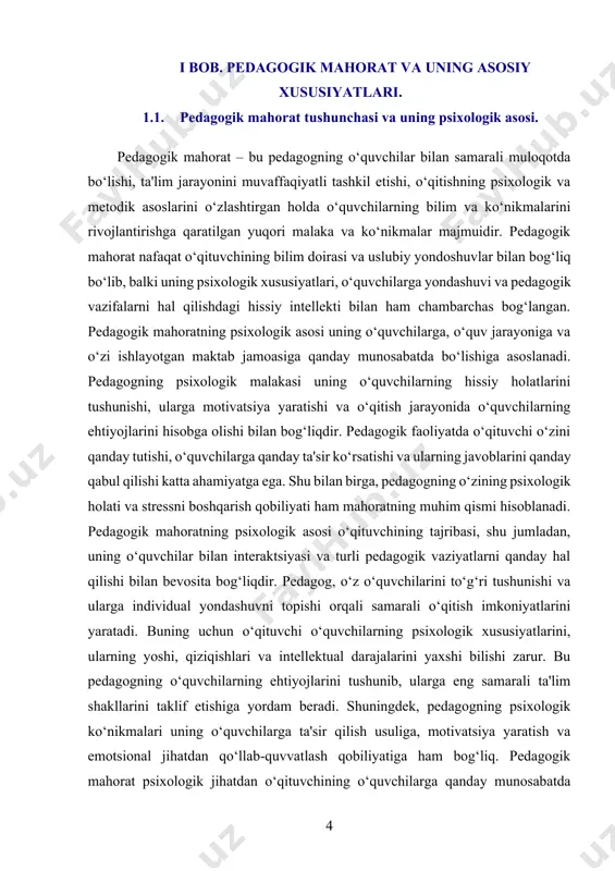 larning ijtimoiy-emotsional rivojlanishiga ham ta'sir qiladi. bu esa o‘quvchilarning o‘z-o‘zini anglashiga, jamoa bilan ishlashga va hissiy intellektni rivojlantirishga yordam beradi. pedagogik mahorat psixologik jihatdan o‘qituvchining o‘zini tutishidagi bir qator tafovutlarni o‘z ichiga oladi. ularning orasida o‘qituvchining stressni qanday boshqarishi, o‘quvchilarni qanday rag‘batlantirishi, o‘quvchilarning xatti-harakatlarini qanday tushunishi va buni qanday boshqarishi kabi ko‘nikmalar mavjud. shuningdek, pedagogik mahoratning psixologik asosi o‘qituvchining o‘zgaruvchan sharoitlarga qanday moslashishi, turli pedagogik vaziyatlarga javob berish qobiliyati va hissiy ziddiyatlarga duch kelganda qanday muvozanatni saqlashi bilan bog‘liqdir. umuman olganda, pedagogik mahoratning psixologik asosi uning o‘quvchilar bilan bo‘ladigan aloqalari va ularning ehtiyojlarini qondirishga qaratilgan qobiliyatlaridan iboratdir. bu o‘qituvchining ta'lim jarayonida muvaffaqiyatli bo‘lishi uchun zarur bo‘lgan psixologik omillarning kompleksidir. pedagogik mahorat - bu o‘qituvchi tomonidan ta'lim va tarbiya jarayonida amalga oshiriladigan faoliyatlarning samaradorligini oshirishga qaratilgan ko‘nikmalar va malakalarning to‘plamidir. bu mahorat faqat pedagogik bilimlardan iborat emas, balki o‘qituvchining o‘zining psixologik va emotsional imkoniyatlarini, kommunikatsiya qobiliyatlarini va o‘quvchilarga ta'sir etish usullarini …
