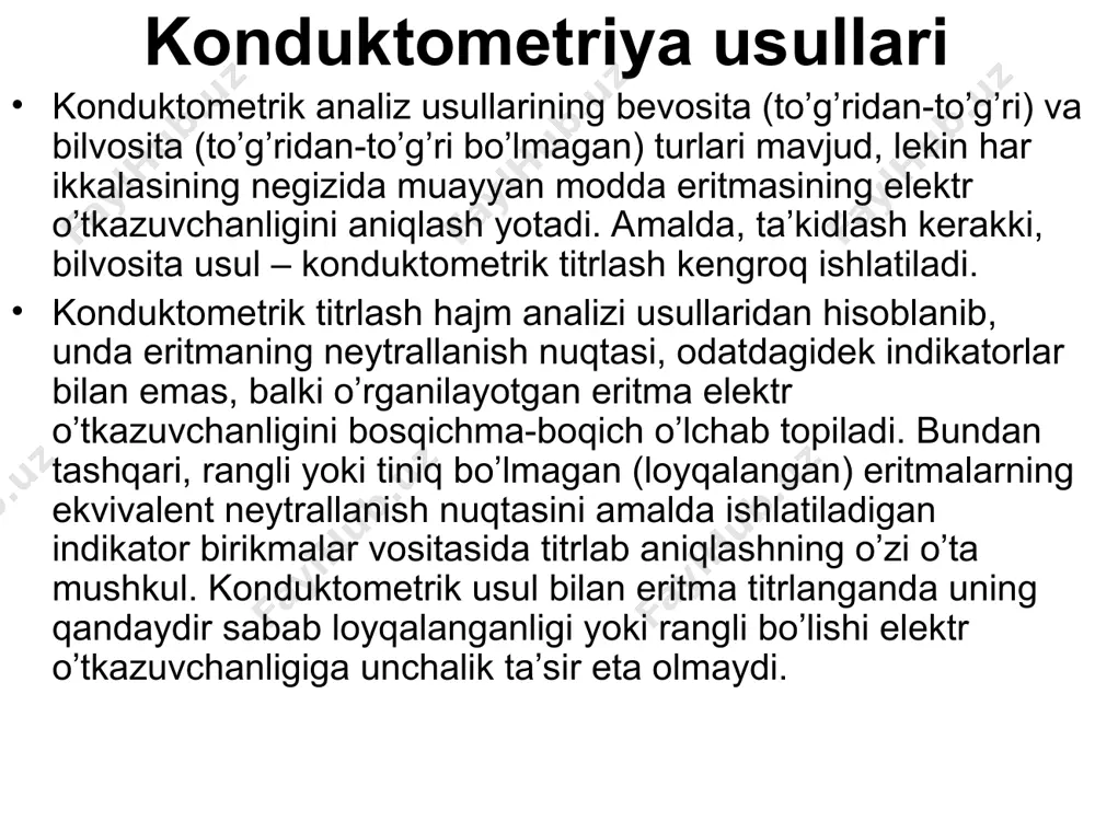 or (naoh) bilan titrlashni olib ko’ramiz. bunda konduktometrik titrlash chizig’ining ko’rinishi 5-rasmdagidek shaklda bo’ladi. rasmda keltirilgan titrlash egri chizig’i urinmalari kesishgan nuqtasi – ekvivalent (tirlash) nuqtasini belgilaydi. eritmalarning elektr o’tkazuvchanligi nafaqat ulardagi ionlarning harakatchanligi, balki eritmani hosil qiluvchi kimyoviy moddaning dissosilanish darajasiga ham bog’liq. reaksiya paytida harakatchanligi yuqori bo’lgan ionlar, harakatchanligi nisbatan past bo’lgani bilan almashgan holatlarda ham, titrlash davomida dissosilanish darajasining oshishi, elektr o’tkazuvchanlikning ortishiga olib keladi. -rasm. agno3 – hcl, ch3cooh – naoh va shunga o’хshash sistemalarning konduktometrik titrlash chizig’i kulonometrik analiz usuli turli хil birikmalarni analiz qilishga keng miqyosda qo’llaniladigan elektrokimyoviy usullardan yana biri- kulonometrik analiz usulidir. uning negizida, odatda, tekshiriladigan modda eritmasining elektroliz jarayoniga uchratilishi yotadi. bunda elektr toki ta’sirida qarama-qarshi zaryadli ionlarga parchalanadigan muayan kimyoviy birikmaning oksidlanish-qaytarilish reaksiyasiga uchrashi kuzatiladi. tajribada hosil bo’ladigan yangi tur moddalar bilan birgalikda, elektroliz jarayoni vaqtida sarf bo’lgan elektr toki miqdori aniqlanadi. kulonometrik analiz ishlarini bajarishda faradey qonuniga binoan yaratilgan. …