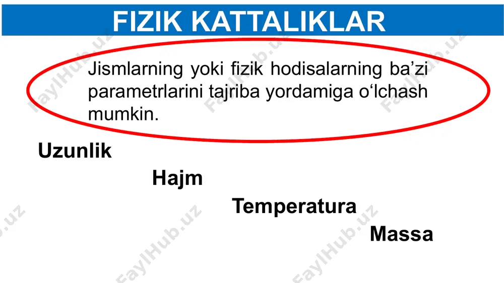 qligi deb ataladi. o‘lchov tasmasi = = 0,1 sm 10 ta shtrix o‘lchov tasmasi = = 0,1 sm 8 sm + 3 sm = 8,3 sm qalamning uzunligi 8,3 sm. o‘lchov asboblar = = 25 menzurkadagi suvning miqdori 275 mg o‘lchashlar xatoligi fizikada o‘lchash davrida yo‘l qo‘yiladigan noaniqlikni o‘lchashlar xatoligi deyiladi. o‘lchashlar xatoligini kamaytirish uchun uni bir necha bor takrorlab o‘rtacha qiymati olinadi. o‘rtacha qiymat o‘rtacha qiymat = = 81 sm = 82 sm = 80 sm = ? = sm = sm = 81 sm = - = 0 = - = -1 sm = - = 1 sm = sm = o‘rtacha qiymat a = a a – o‘lchanadigan kattalik a – o‘lchash natijasi – o‘lchashlar xatoligi demak, natija (81 0,67)sm mustaqil bajarish uchun topshiriqlar: mavzu oxiridagi savollarga javob yozing hamda 1- mashqning qolgan topshiriqlarini bajaring. fizika kitobingizning bir varag‘i qalinligini aniqlang. o‘zingiz o‘tirgan dars stolingizning uzunligini chizg‘ich …