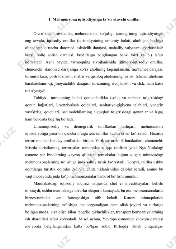 onalarda biznes-turistlar soni kamayishiga olib keladi. kurort mintaqalarida mehmonxonalarning to‘lishiga tez o‘zgaradigan dam olish joylari va turlariga bo‘lgan moda, viza olish bilan bog‘liq qiyinchiliklar, transport kompaniyalarining ish sharoitlari ta’sir ko‘rsatadi. misol uchun, yevropa osmonida shovqin darajasi me’yorda belgilanganidan katta bo‘lgan sobiq ittifoqda ishlab chiqarilgan samolyotlar uchishining taqiqlanishi muqarrar tarzda rossiyalik turistlar oqimlari yevropa kurortlaridan turkiya va misr kurortlariga qayta taqsimlanishiga olib keladi. mehmonxonaning iqtisodi y ko‘rsatkichlariga ichki omillar, chunonchi: qabul qilingan boshqarish va nazorat tizimi (ayniqsa, harajatlar ustidan nazorat tizimi), ko‘rsatiladigan xizmatlar darajasi, shuningdek mehnat munosabatlari ham ta’sir ko‘rsatadi. shu sababli mehmonxona ma’muriyati xodimlarning mehnat sharoitlarini yaxshilashga, ishchi kuchining qo‘nimsizligini kamaytirishga va mehnat jamoasidagi muhitni yaxshilashga doim e’tibor berishi kerak. mehmonxonaning iqtisodiy ko‘rsatkichlariga noto‘g‘ri tanlangan tariflar tizimi ham ta’sir ko‘rsatishi mumkin. jahonda mehmonxona tariflarining quyidagi asosiy tizimlari qo‘llanadi. 1. tarifga faqat yashash uchun haq (room only) kiradi. u yevropa rejasi deb ham ataladi. 2. tarifga yashash uchun haq va nonushta …