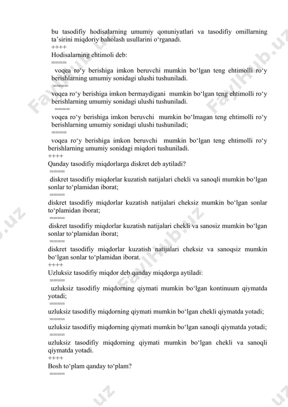 aqat bizni qiziqtirayotgan ayrimlarini tushunamiz. ==== ko‘p turdagi predmetlarning barchasini yoki faqat bizni qiziqtirayotgan qismini tushunamiz. ++++ tanlama to‘plam deganda qanday to‘plam tushuniladi? ==== bosh to‘plamning bir qismini tashkil etuvchi kuzatishlar yig’indisi; ==== bosh to‘plamning ko‘p qismini tashkil etuvchi kuzatishlar yig’indisi; ==== k o‘p to‘plamning bir qismini tashkil etuvchi kuzatishlar yig’indisi; ==== bosh to‘plamning katta qismini tashkil etuvchi yig’indi. ++++ тanlama kovariatsiya nima? ==== ikki o’zgaruvchi o’rtasidagi bog’lanishning o’lchami hisoblanadi; ==== ikki o’zgaruvchi o’rtasidagi funksiyaning o’lchami hisoblanadi.; ==== ikki o’zgaruvchi o’rtasidagi bog’lanishning hosilasi hisoblanadi. ==== ikki o’zgaruvchi o’rtasidagi o’lcham tushuniladi. ++++ тanlama dispersiya nima? ==== tanlama dispersiya tanlamadagi o’rtacha kvadratik chetlanishdek aniqlanadi; ==== tanlama dispersiya tanlamadagi kvadratik chetlanishdek aniqlanadi ==== tanlama dispersiya o’rtacha kvadratik o‘zgaruvchidek aniqlanadi. ==== ikki o’zgaruvchi o’rtasidagi o’lcham tushuniladi. ++++ kovariatsiya ta’rifidan bevosita kelib chiqadigan muhim qoidalarni tanlang. ==== # barcha javobdagi qoidalar. ==== agar bo‘lsa, u holda ==== agar bo‘lsa, u holda bo‘ladi, bu yerda a- …