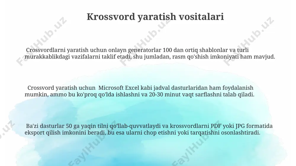 i qiziqarliroq qiladi. crosswordlarda so'zlarning uzunligi va murakkabligiga qarab, 2-4 ta sinonim yoki bog'liq so'zlarni variant sifatida qo'shish, o'yinchilarning fikrlash qobiliyatini yanada rivojlantirishga yordam beradi. har bir savol uchun javob variantlarini mantiqiy va bir-biriga yaqin bo'lgan, ammo shu bilan birga farq qiladigan qilib tayyorlash muhim, chunki bu noto'g'ri javoblarni tanlash ehtimolini kamaytiradi. natijalarni tahlil qilish har bir quiz yoki krossvord uchun to'g'ri javoblar soni va o'rtacha ballarni hisoblash, keyin esa bu ko'rsatkichlarni turli guruhlarga (masalan, yosh guruhlari bo'yicha) taqqoslash, o'quv samaradorligini baholashda yordam beradi. o'quvchilarning 70% dan ortiqrog'i bir xil xatoga yo'l qo'ygan bo'lsa, bu mavzuda qo'shimcha tushuntirish yoki takrorlash kerakligini ko'rsatadi. bu kamchiliklarni aniqlash va ta'lim jarayonini yaxshilashda yordam beradi. natijalarni tahlil qilishda, to'g'ri javoblar foizini hisoblash bilan birga, har bir savolga javob berish vaqti statistikasini ham o'rganish, o'rtacha vaqtni aniqlash va javob berish tezligiga ta'sir etuvchi omillarni tahlil qilish muhimdir. viktorina turlari va formatlari so‘z topishmoqlaridan foydalangan holda, …