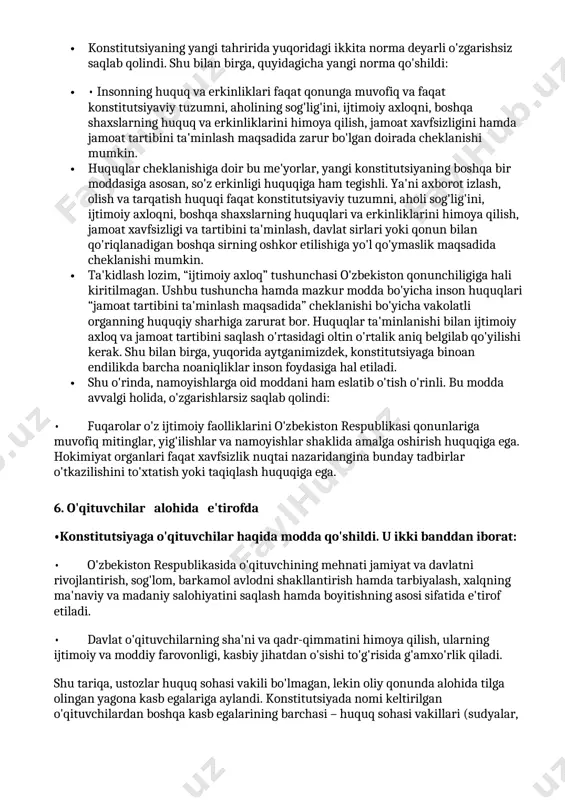uyidagi ikkita norma bilan tartibga solingan edi: · insonning konstitutsiya va qonunlarda mustahkamlab qo'yilgan huquq va erkinliklari daxlsizdir hamda ulardan sud qarorisiz mahrum etishga yoki ularni cheklab qo'yishga hech kim haqli emas. · •fuqarolar o'z huquq va erkinliklarini amalga oshirishda boshqa shaxslar ning, davlat va jamiyatning qonuniy manfaatlari, huquqlari va erkinliklariga putur yetkazmasliklari shart. · konstitutsiyaning yangi tahririda yuqoridagi ikkita norma deyarli o'zgarishsiz saqlab qolindi. shu bilan birga, quyidagicha yangi norma qo'shildi: · • insonning huquq va erkinliklari faqat qonunga muvofiq va faqat konstitutsiyaviy tuzumni, aholining sog'lig'ini, ijtimoiy axloqni, boshqa shaxslarning huquq va erkinliklarini himoya qilish, jamoat xavfsizligini hamda jamoat tartibini ta'minlash maqsadida zarur bo'lgan doirada cheklanishi mumkin. · huquqlar cheklanishiga doir bu me'yorlar, yangi konstitutsiyaning boshqa bir moddasiga asosan, so'z erkinligi huquqiga ham tegishli. ya'ni axborot izlash, olish va tarqatish huquqi faqat konstitutsiyaviy tuzumni, aholi sog'lig'ini, ijtimoiy axloqni, boshqa shaxslarning huquqlari va erkinliklarini himoya qilish, jamoat xavfsizligi va tartibini …