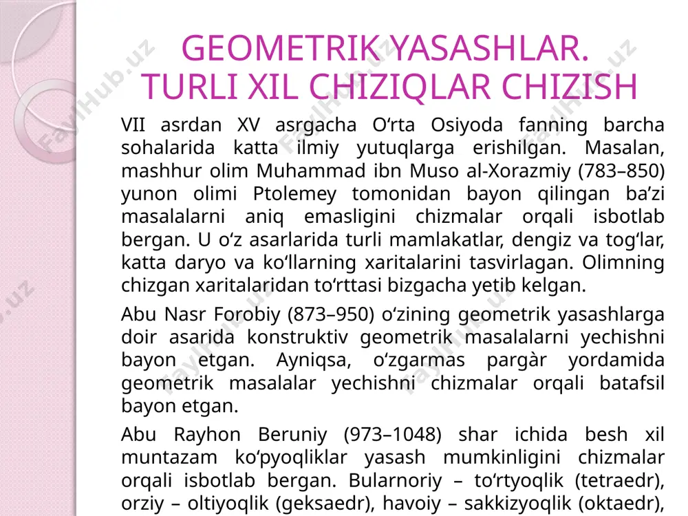 o), pargàr yoki suvu (sirkul) dan foydalanganlar. chizmalarga handasa (geometriya), tarh (plan), tarz (fasad), reja jadvali (proyeksiya yoki chizma) degan nomlar berilgan. demak, o‘rta osiyoda chizmachilik o‘ziga xos handasa fani bilan birga rivojlangan. qadimgi chizmalarning juda oz qismigina bizgacha saqlanib qolgan. buning asosiy sababi qurilgan saroy, istehkom, masjid va madrasalar aynan qayta qurilmasligi uchun chizmalar yoqib tashlangan fransuz olimi va davlat arbobi gospar monj (1746–1818) o‘z davrigacha chizmachilikka oid bo‘lgan barcha bilimlarni umumlashtirib, 1799-yilda „chizma geometriya“ kitobini bosmadan chiqardi. shundan beri chizma geometriya monj metodi deb ham yuritiladi. monj kitobida chizmachilik grammatikasi – chizma geometriya atroflicha bayon qilingan. bu davrda chizma geometriyaning mohiyati juda katta bo‘lib, monjning o‘zi „ñhizma dunyodagi texnika bilan shug‘ullanadigan barcha millatlar uchun tushunarli til, ya’ni texniklar tilidir“, degan edi. demak, chizmalarni to‘g‘ri chizish usullari, shuningdek, chizmachilik xo‘jaligining barcha sohasini to‘g‘ri tashkil qilish haqidagi fan chizmachilik deyiladi. xalq xo‘jaligining turli tarmoqlarida foydalaniladigan chizmalar har xil nom bilan …