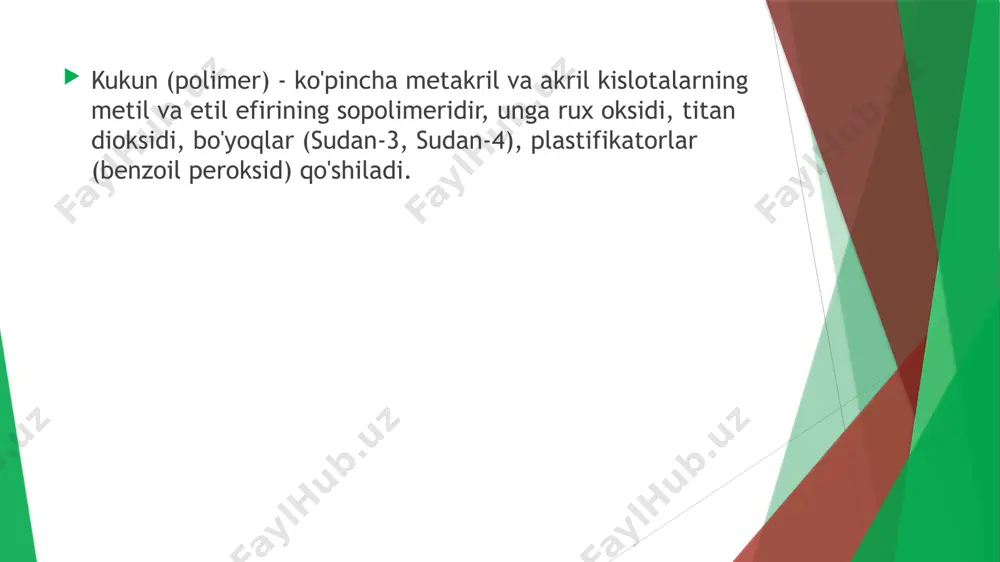 astik holatni saqlab qoladi. ular yuz-jag protezlarni ishlab chiqarish uchun, qattiq asoslar uchun yumshoq karkas sifatida, shuningdek, kontaktli shinalar turlari sportchilarida tishlarni shikastlanishdan himoya qilish uchun ishlatiladi. mamlakatimizda plastmassalardan foydalaniladi:" eladent"," elastoplast"," ortosil-m", pm-01. eladent-100 asosan protez ostidagi og'riqni yo'qotish va ikkinchisining fiksatsiyasini yaxshilash uchun yumshoq karkas uchun ishlatiladi. metakril va metilakril efirlarning metil sopolimer kukuni, suyuqlik-bu efirlarning plastifaktor qo'shilishi bilan aralashmasi hisoblanadi. plastmassa kukun va suyuqlikni aralashtirgandan so'ng darhol foydalanishga tayyor. "eladent" polimerizatsiya rejimi qattiq asos sifatida ishlatiladigan plastmassa rejimiga to'g'ri keladi. ikkala plastmassaning yaxshi ulanishi ular xamir holatida birikkanida sodir bo'ladi. plastmassa og'iz shilliq qavatini bezovta qilmaydi. elastoplast boks shinalari yoki kappalarni tayyorlash uchun ishlatiladi. dibutilftalat bilan plastiklashtirilgan xlorvinil va butilakrilat kopolimer kukuni. suyuqlik dibutil ftalat. bir og'iz uchun 25 gramm kukun va 15-17 ml suyuqlik olinadi, ularni ohak yoki rezina kolbaga solinadi va bir hil massa olinmaguncha yaxshilab aralashtiriladi. tayyor massa qolipga solinadi va asta-sekin bosiladi. qisqichga …