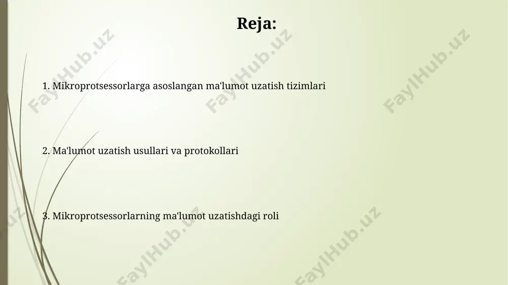 ni soddalashtiradi, lekin tezligi spi ga nisbatan pastroq. mikroprotsessorlarda ma'lumot uzatishda spi (serial peripheral interface) protokoli yuqori tezlikda, 4 ta simdan foydalanib, sinxron tarzda ma'lumot uzatishni ta'minlaydi, bu esa qurilmalar orasidagi samarali aloqani o'rnatadi. mikroprotsessor arxitekturasi va ma'lumot uzatish dma (direct memory access) nazorati orqali mikroprotsessor protsessorning bevosita aralashuvisiz 10 mb/s gacha ma'lumot uzatishni ta'minlaydi, bu esa tizim samaradorligini oshiradi. mikroprotsessorning 8-bitli arxitekturasi cheklangan ma'lumot uzatish tezligiga olib keladi, bu esa 32-bitli arxitekturaga nisbatan 4 barobar sekinroq bo'lishi mumkin. mikroprotsessorlar asosida ma'lumot uzatish tushunchasi turli xil aloqa protokollari, masalan, spi, i2c, uart, mikroprotsessorlar orqali ma'lumot uzatishni boshqarishda muhim rol o'ynaydi va har biri o'ziga xos ma'lumot uzatish tezligi va samaradorligiga ega. mikroprotsessorlar ma'lumotlarni parallel yoki ketma-ket, 8 bit, 16 bit yoki 32 bit kabi turli bus kengliklari orqali yuqori tezlikda uzatishi mumkin, bu esa uzatish tezligiga ta'sir qiladi. e'tiboringiz uchun rahmat @taqdimot_robot image1.jpg image2.jpg image3.jpg image4.jpg image5.jpg image6.jpg image7.jpg