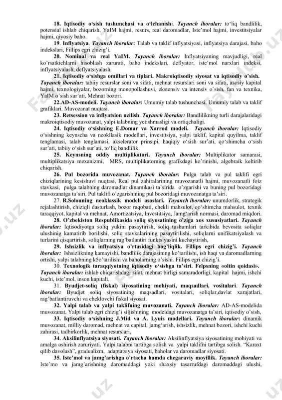 i hisoblash usullari. tayanch iboralar: yakuniy iste’mol tovarlari. yaimni xarajatlar va daromadlar bo’yicha hisoblash. asosiy makroiqtisodiy ayniyat. 11. pulga talab funktsiyasi. tayanch iboralar: pulning miqdoriy nazariyasi tenglamasi, pulning aylanish tezligi, baholar darajasi, real yaim, kemrij tenglamasi, pulga tranaktsion, spekulyativ va ehtiyotkorlik sabab talab. foiz stavkasi va pulga talab. real pul zahiralariga talab funktsiyasi. 12. is - lm modelining mohiyati. modelning asosiy tenglamalari. tayanch iboralar: is-lm egri chizig`i, iqtisodiy muvozanat, foiz stavkasi, daromad darajasi, keyns xochi. 13. yopiq iqtisodiyot sharoitida davlat xarajatlari multiplikatori. tayanch iboralar: davlat xarajatlari o’zgarishining daromadlar o’zgarishiga multiplikativ ta’siri mexanizmi. yopiq iqtisodiyotda soliqqa tortish hisobga olinmagan va hisobga olingan sharoitda davlat xarajati multiplikatori. asosiy makroiqtisodiy ayniyat va iste’mol funktsiyasi asosida davlat xarajatlari multiplikatorini keltirib chiqarish. chegaraviy soliq stavkasi. 14. ishsizlikning makroiqtisodiy oqibatlari. tayanch iboralar: ishsizlik turlari, darajasi, tabiiy ishsizlik, to’liq bandlilik,potentsial yaim, yaimning uzilishi, ouken qonuni. 15. is-lm modelida makroiqtisodiy muvozanat. tayanch iboralar: is-lm egri chizig`i, iqtisodiy muvozanat, …