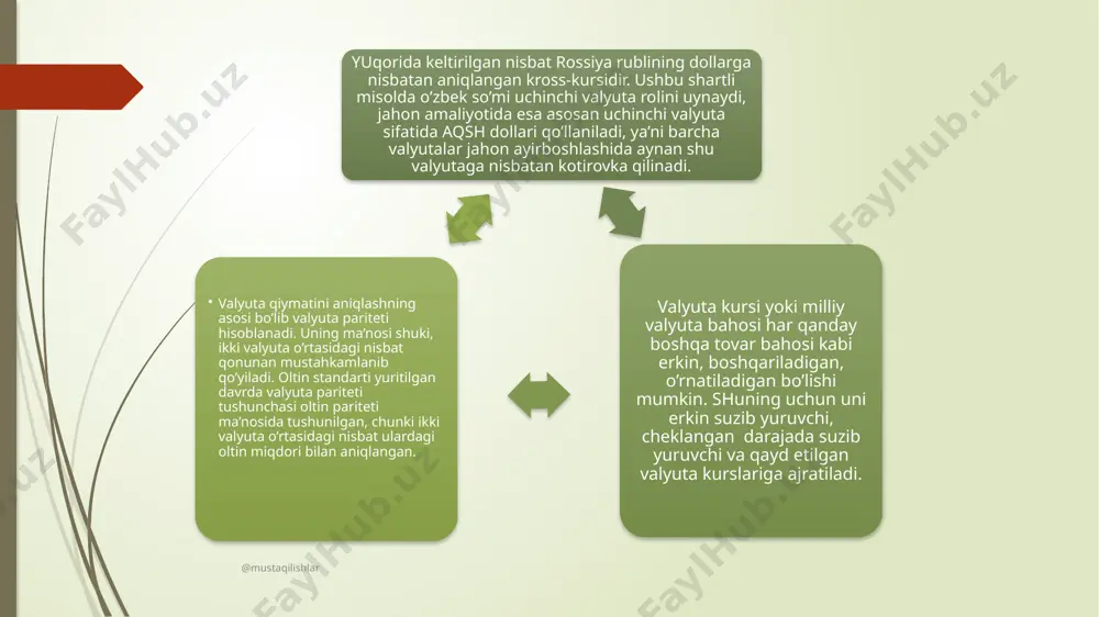 ). o’zgarishlar o’rnatilgan chegaradan oshib ketsa, devalvatsiya hisoblanadi. agar valyutalarning oddiy qadrsizlanishi valyuta bozoridagi talab va taklif ta’sirida ro’y bersa, devalvatsiya shu bilan farq qiladiki bu jarayonda milliy valyuta qiymati bir vaqtda sezilarli darajada pasaytiriladi, uning miqdori xvf bilan kelishilgan holda hukumatlar tomonidan o’rnatiladi. @mustaqilishlar @mustaqilishlar milliy valyutani devalvatsiya qilishdan davlatlar jahon bozorida eksport qilinayotgan tovarlarning bahosini pasaytirish va ichki bozorda import tovarlarining bahosini oshirish hamda shu yo’l bilan eksport-import oqimini tartibga solishda foydalanadilar. barcha mamlakatlar ma’lum muddatda o’z valyutalari kurslari to’g’risidagi axborotni e’lon qilib boradilar. misol uchun, respublikamizda 1994 yildan buyon markaziy gazetalarda o’zbekiston respublikasi markaziy bankining xorijiy valyutalarni so’mga nisbatan rasmiy kursi e’lon qilib kelinmoqda. bunday xabarlarda gap rasmiy nominal valyuta kurslari to’g’risida boradi. lekin kuchayib borayotgan inflyatsiya sharoitida jahon bozorida milliy maxsulotga bo’lgan talabni, uni raqobatga bardoshliligini aniqlashda milliy va xorijiy tovarlar baholari o’rtasidagi nisbatni ham bilish kerak bo’ladi. ya’ni milliy valyutaning real almashtirish kursini hisoblab chiqish …