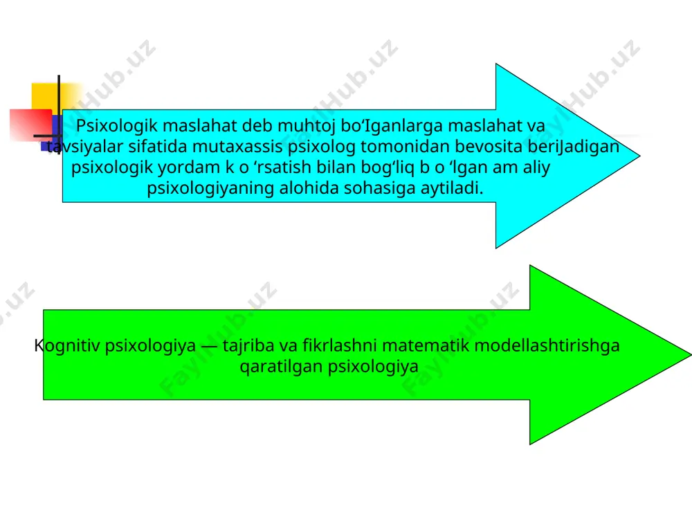 ida vaqtni to‘g‘ri taqsimlash shunday masalalar hisoblanishi mumkin. 3. mijozga aslida uzoq vaqt davomida ozmi-ko‘pmi doimiy psixoterapevtik ta’sir ko‘rsatish kerak bo‘lgan, lekin u yoki bu sabablar oqibatida ushbu vaziyatda bunday imkoniyati bo‘lmagan holatida vaqtinchalik yordam ko‘rsatish bunday holatda psixologik m aslahatdan mijoz duch kelgan m uam m oning yanada og‘irlashishiga yo‘l qo‘ymaydigan, salbiy jarayonlarning tez rivojlanishini oldini oluvchi mijozga vaqtinchalik operativ yordam ko‘rsatish vositasi sifatida foydalanish m um kin. m ijozda kutilmaganda depressiya holati yuzaga kelishi shunday muammoga misol bo‘lishi mumkin. 4. mijoz o‘z muammosini to ‘g‘ri tushunib, umuman uni o‘zi hal etishga tayyor bo‘lgan, lekin biror narsadan shubhalangan, o‘zining to‘g‘ri yo‘l tutayotganiga to‘la ishonchi bo‘lmagan hollarda, psixolog-m aslahatchi m uloqot natijasida ular tom onidan professional va ruhiy qo‘llab-quvvatlanadi, bu esa unda o‘ziga ishonchini kuchaytiradi. 5. m aslahat olishdan boshqa hech qanday im koniyati bo‘lmaganda mijozga yordam ko‘rsatish. bunday holatda psixologmutaxassis mijozga psixologik maslahat berar ekan, aslida u to'liq va …