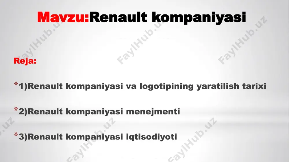 illarda tubdan oʻzgardi. 2004-yildan boshlab logotip sariq fonga ega boʻldi, 2007-yilda renault yozuvi qoʻshildi 2015-yilda jeneva avtosalonida yangi renault espace va renault kadjar avtomobillarining premyerasi bilan birgalikda renault kompaniyaning yangi korporativ identifikatori va logotipini taqdim etdi. fon oq rangga aylandi, logotipning oʻng tomonida vertikal sariq chiziq paydo boʻldi va sariq rangning oʻzi yengilroq boʻldi. romb yaxlitlanib, aniq yorugʻlik porladi. logotipning pastki qismida kompaniyaning yangi shiori - „hayotga ehtiros“ (inglizcha passion for life) joylashgan. logotipdagi yozuvlar yangi renault life imzo shriftida qilingan. keyingi logotip oʻzgarishi 2021-yil mart oyida boʻlib oʻtdi. romb brend nomining asosi boʻlib qoldi, lekin „hajmli“ oʻrniga u „tekis“, monoxromga aylandi. logotipning grafik dizayni oʻzgartirildi xronologiyasi 1898-yil - aka-uka lui, marsel va fernand renault société renault frèresga asos soladilar. 24-dekabr kuni kompaniya oʻzining birinchi avtomobili - renault voiturette 1cv ni, dunyodagi birinchi toʻgʻridan-toʻgʻri yuqori uzatmali uzatma qutisini taqdim etdi. 1899-yil - société renault frères dunyodagi birinchi klassik avtomobilni toʻgʻridan-toʻgʻri …