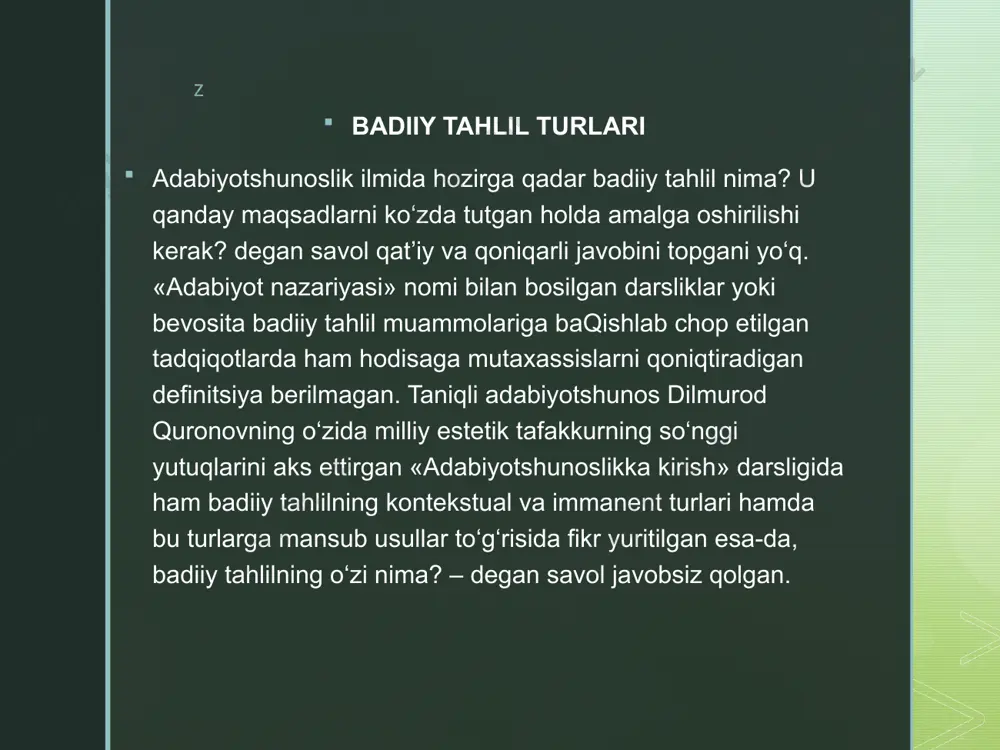 . ma’lumki, badiiy asar og‘zaki shaklda ham tahlil qilinadi. maktab, kollej va akademik litseylarning o‘quvchilari hamda oliy o‘quv yurtining talabalari bilan birgalikda amalga oshiriladigan badiiy tahlillar shu turga mansubdir. shuningdek, turli adabiy yig‘inlar, bahs-munozaralar asnosida qilinadigan tahlil ham og‘zaki badiiy tahlil hisoblanadi. badiiy tahlilning og‘zaki turida ilmiy faoliyatning tizimlilik va izchillik singari asosiy tamoyillariga amal qilish qiyinroq kechadi. shuning uchun ham badiiy tahlil amaliyotida yozma shaklga ustuvor ahamiyat qaratiladi. agar og‘zaki tahlil faqat tahlil qilingan fursatning o‘zi uchun daxldor bo‘lsa, yozma badiiy tahlil, keyinchalik, hatto, katta zamonaviy oraliqlardan so‘ng ham ta’sir ko‘rsatishi, inson badiiy tafakkurini shakllantira olishi, bobolardan urpoqlarga meros bo‘lib o‘tabilish kabi xususiyatlari bilan ajralib turadi. z image2.png image3.png /docprops/thumbnail.jpeg