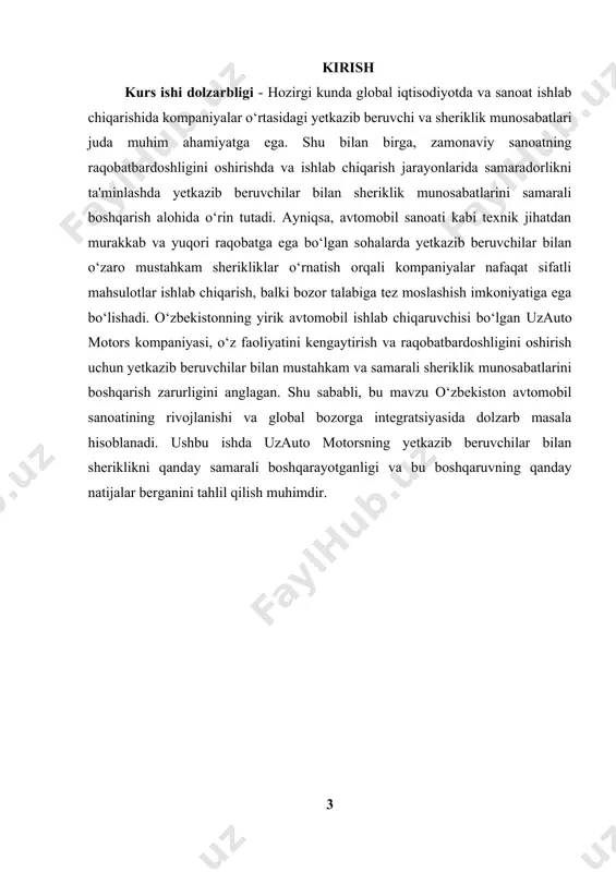 h turgan bo‘lib, unda uzauto motors korxonasining ushbu munosabatlarni qanday boshqarayotgani, qanday boshqaruv tizimlari va yondashuvlardan foydalanayotgani ko‘rib chiqiladi. korxona o‘zining yetkazib beruvchilari bilan qanday qilib samarali aloqalar o‘rnatadi, ularni qanday tahlil qiladi, qanday boshqaruv mexanizmlari orqali ta’minot zanjirini optimallashtiradi va ishlab chiqarish jarayonlarini yanada samarali qiladi – bularning barchasi kurs ishi predmetiga kiradi. ayniqsa, srm (supplier relationship management) tizimi va boshqa ilg‘or boshqaruv tizimlari yordamida bu jarayonlar qanday avtomatlashtirilganini o‘rganish kerak. buning natijasida nafaqat uzauto motorsning ishlab chiqarish samaradorligi, balki yetkazib beruvchilarning ham ishonchliligi va mahsulot sifatiga ta’siri yanada oshadi. kurs ishi obyekti - uzauto motors kompaniyasining yetkazib beruvchilari bilan o‘rnatgan sheriklik munosabatlaridir. obyekt sifatida bu munosabatlarning o‘ziga xos jihatlari, tahlil qilish va boshqarishdagi innovatsion uslublar hamda tizimlar yoritiladi. o‘rganiladigan jarayonlar qatoriga yetkazib beruvchilarni tanlash, ularni rejalashtirish, monitoring qilish, samaradorlikni baholash va rivojlantirish kiradi. obyekt sifatida shuningdek, strategik sheriklik va texnologik innovatsiyalarni qo‘llash orqali yetkazib beruvchilar bilan o‘zaro aloqalarni …