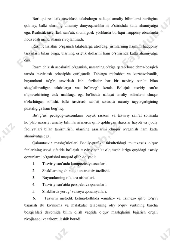 3. buyumlarning o’z-aro nisbatlari. 4. tasviriy san’atda perspektiva qonunlari. 5. shakllarda yorug’ va soya qonuniyatlari. 6. tasvirni metodik ketma-ketlikda «analiz» va «sintez» qilib to’g’ri bajarish bu ko’nikma va malakalar talabaning oliy o’quv yurtining barcha bosqichlari davomida bilim olish vaqtida o’quv mashqlarini bajarish orqali rivojlanadi va takomillashib boradi. shuningdek, ushbu bilimlar bo’lajak o’qituvchi-rassomning oliygohni tugatgandan so’ng, pedagogik va ijodiy ish jarayonida ham muhimdir. gips geometrik shakllarning qalamtasviri gips geometrik shakllarning qalamtasviri ham tasviriy san’atning oddiydan murakkabga uslubida amalga oshiriladi. buning uchun o’quv dasturlarida belgilangandek gips geometric shakllarni tasvirlash muhimdir. bu shuning uchun zarurki, bizni o’rab turgan predmetlar dunyosining barchasi geometrik shakllarga ega (shar, kub, prizma, konus, tsilindr va hokazolar). shakllar tarkibining gipsdan bo’lishining asosiy sababi, ular aksariyat xollarda sun’iy yoritgichlar bilan yoritilib, o’quv – mashq maqsadlarila qo’yiladi. yorug’ soya majmuasi (yorug’, soya, yarimsoya, refleks, shaxsiy va tushuvchi sao, yaltiroklik) oq buyumlarda yaqqol ko’rinadi. bundan tashqori oddiy qora qalam vositasida shakllarning tus …