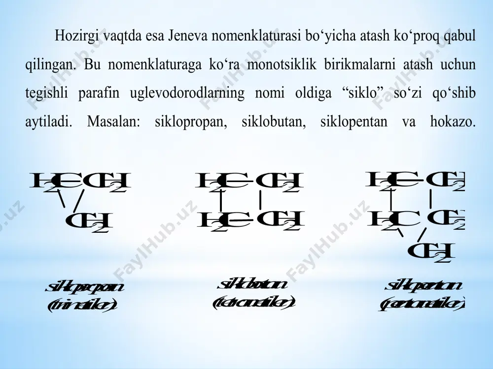 i. alitsiklik birikmalar turli xil usullarda olinadi. siklopropan va siklobutanning olinish usullari yaxshi o‘rganilgan. 1 diagalogenli hosilalarni rux ishtirokida degalogenlash uch, to‘rt, besh va olti a’zoli sikllar hosil qilishning eng umumiy usuli hisoblanadi. bu usulda siklopropan va uning hosilalari oson hosil bo‘ladi: h 2 c ch 2 ch 2 br br + zn h 2 c ch 2 ch 2 + znbr 2 1.3 dibrompropan siklopropan 1. monobromsiklopentanga ishqorning spirtli eritmasini ta’sir ettirib olish mumkin: br + naoh spirtli eritma siklopenten + 2nabr + h 2 o 2. butadiyen – 1.3 ga etilen ta’sir ettirib, qizdirib olinadi: hc ch2 hc ch2 + ch 2 ch 2 300 c bosim siklogeksin 1. siklopentenni piroliz qlib siklopentadien olinadi: 800 c siklopenten siklopentadiyen 1.3 2. siklogeksadiyen benzolning suyuq ammiakda natriy metali ishtirokida qaytarib sintez qilinadi: na + h2 benzol siklogeksadiyen kimyoviy xossalari. 1) galogenlar ta’siri. siklopentan va undan yuqori sikllarga galogen ta’sir ettirilsa, …