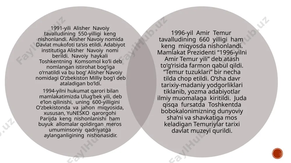 ov rahbarligida amalga oshirilgan ma’naviy merosni tiklash, har tomonlama o‘rganish va targ‘ib etish borasidagi keng ko‘lamli ishlar doirasida ushbu kitob ham xalqning ma’naviy mulkiga aylantirildi. kitobning xalq va milliy davlatchilik tarixi, umum- bashariy sivilizatsiya rivojidagi ulkan ahamiyatini hisobga olgan holda, 2001-yili “avesto” yaratilganligining 2700 yilligi respublika va xalqaro miqyosda keng nishonlandi. shu munosabat bilan “avesto”ning to‘liq matni o‘zbek tiliga tarjima qilinib, chop etildi. tavallud sanasi nishonlangan yil allomalar tavallud yoshi 1991-yil alisher navoiy 550 yil 1993-yil ahmad yassaviy zahiriddin muhammad bobur bahouddin naqshband 950 yil 510 yil 675 yil 1994-yil mirzo ulug`bek 600 yil 1995-yil 1996-yil feruz najmiddin kubro mahmud az-zamaxshariy amir temur 150 yil 850 yil 920 yil 660 yil 1998-yil imom al-buxoriy ahmad al-farg`oniy 1225 yil 1200 yil 1999-yil jaloliddin manguberdi 800 yil 2000-yil burhoniddin al-marg`inoniy kamoliddin behzod imom abu mansur al-moturudiy 910 yil 545 yil 1130 yil 2003-yil abduholiq g`ijduvoniy 900 yil 2004-yil hoja ahror valiy 600 …