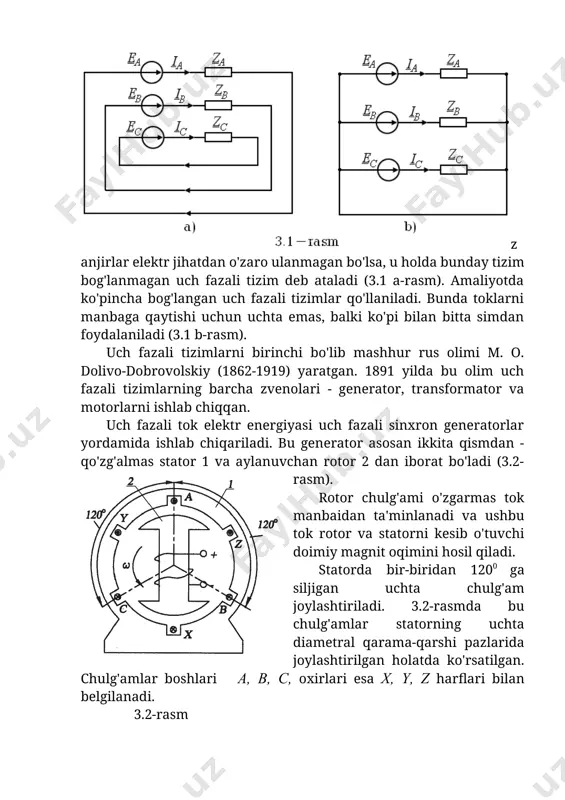 larning barcha zvenolari - generator, transformator va motorlarni ishlab chiqqan. uch fazali tok elektr energiyasi uch fazali sinxron generatorlar yordamida ishlab chiqariladi. bu generator asosan ikkita qismdan - qo'zg'almas stator 1 va aylanuvchan rotor 2 dan iborat bo'ladi (3.2- rasm). rotor chulg'ami o'zgarmas tok manbaidan ta'minlanadi va ushbu tok rotor va statorni kesib o'tuvchi doimiy magnit oqimini hosil qiladi. statorda bir-biridan 1200 ga siljigan uchta chulg'am joylashtiriladi. 3.2-rasmda bu chulg'amlar statorning uchta diametral qarama-qarshi pazlarida joylashtirilgan holatda ko'rsatilgan. chulg'amlar boshlari a, b, c, oxirlari esa x, y, z harflari bilan belgilanadi. 3.2-rasm elektromagnit induksiya qonuniga ko'ra bu chulg'amlarda qiymatlari teng va fazalari bo'yicha o'zaro 1200 (davrning uchdan bir bo'lagi)ga siljigan sinusoidal eyuk lar tizimi hosil bo'ladi, ya'ni , , (3.1) . hosil bo'lgan eyuk larning vaqtga bog'liqlik grafigi 3.3 a-rasmda, kompleks tekislikdagi tasviri esa 3.3 b-rasmda keltirilgan. eyuk lar kompleks qiymatlarini quyidagicha yozish mumkin: (3.2) bir xil chastotali, amplitudali va …